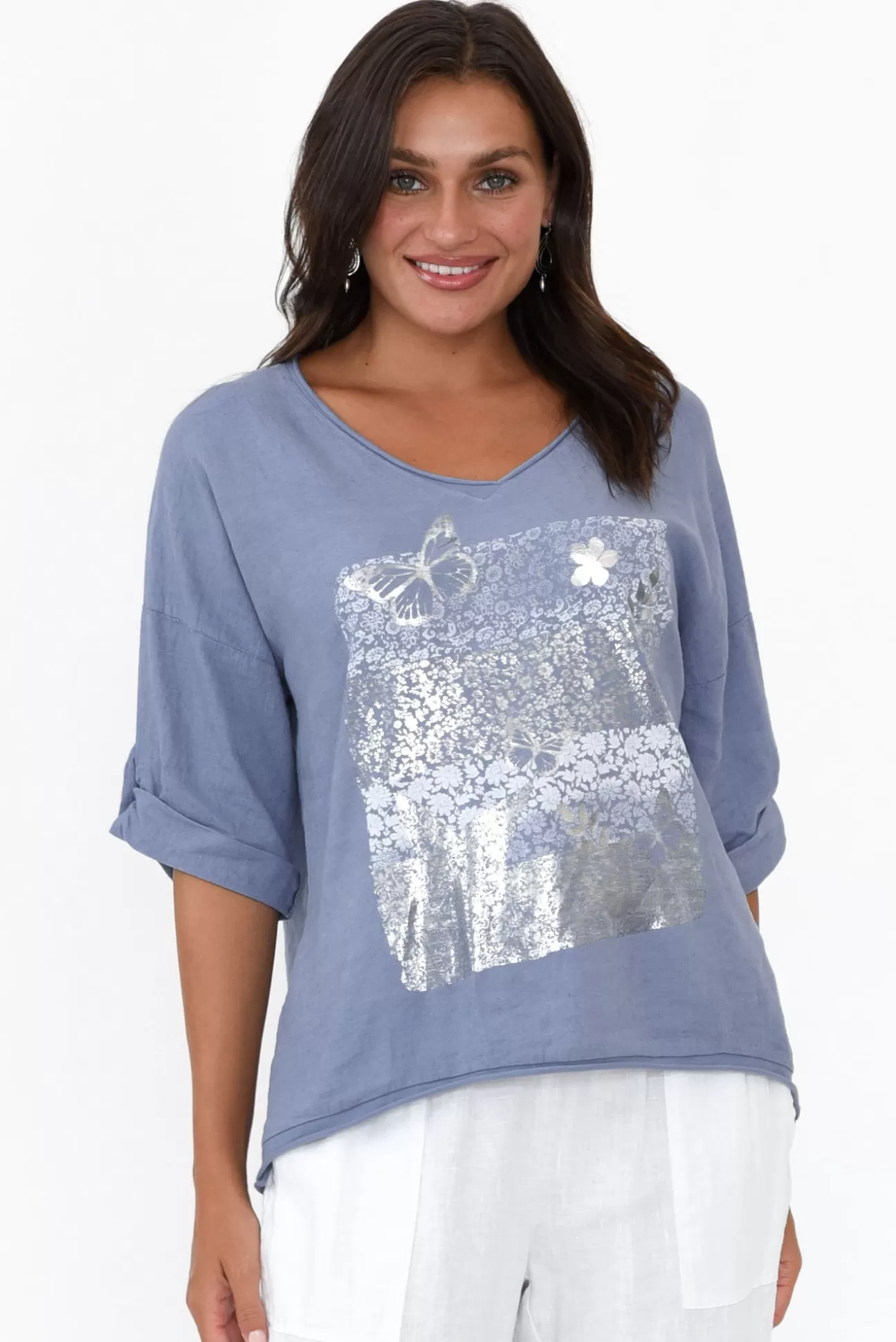 La Strada Ethan Blue Foil Garden Linen Blend Tee Cheap