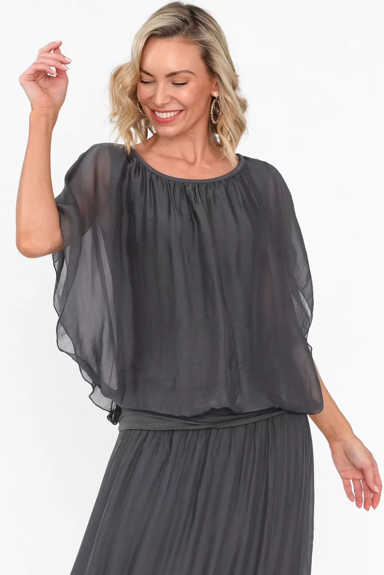 Fabuler Evaline Charcoal Silk Layer Top Shop