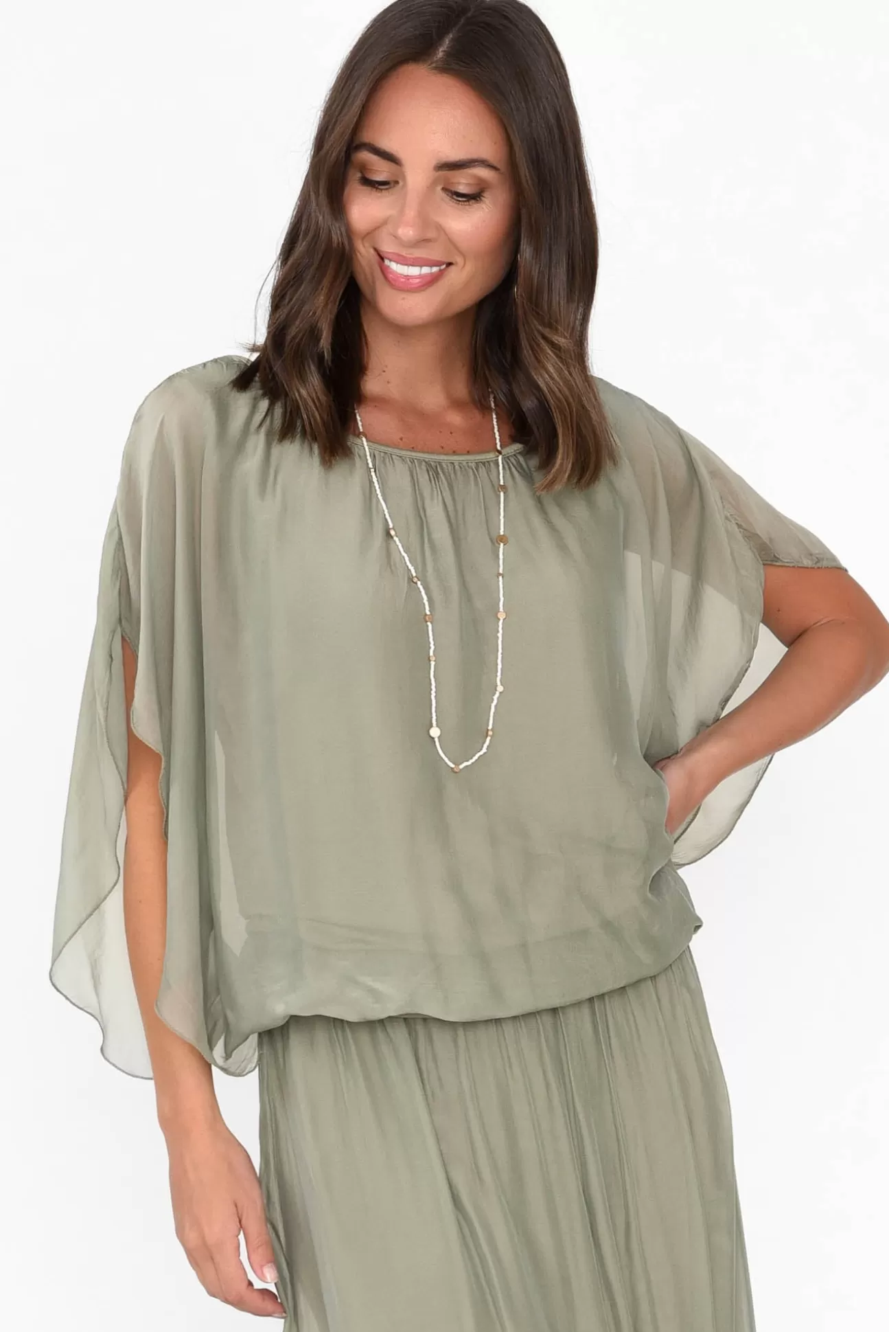 Fabuler Evaline Sage Silk Layer Top Shop