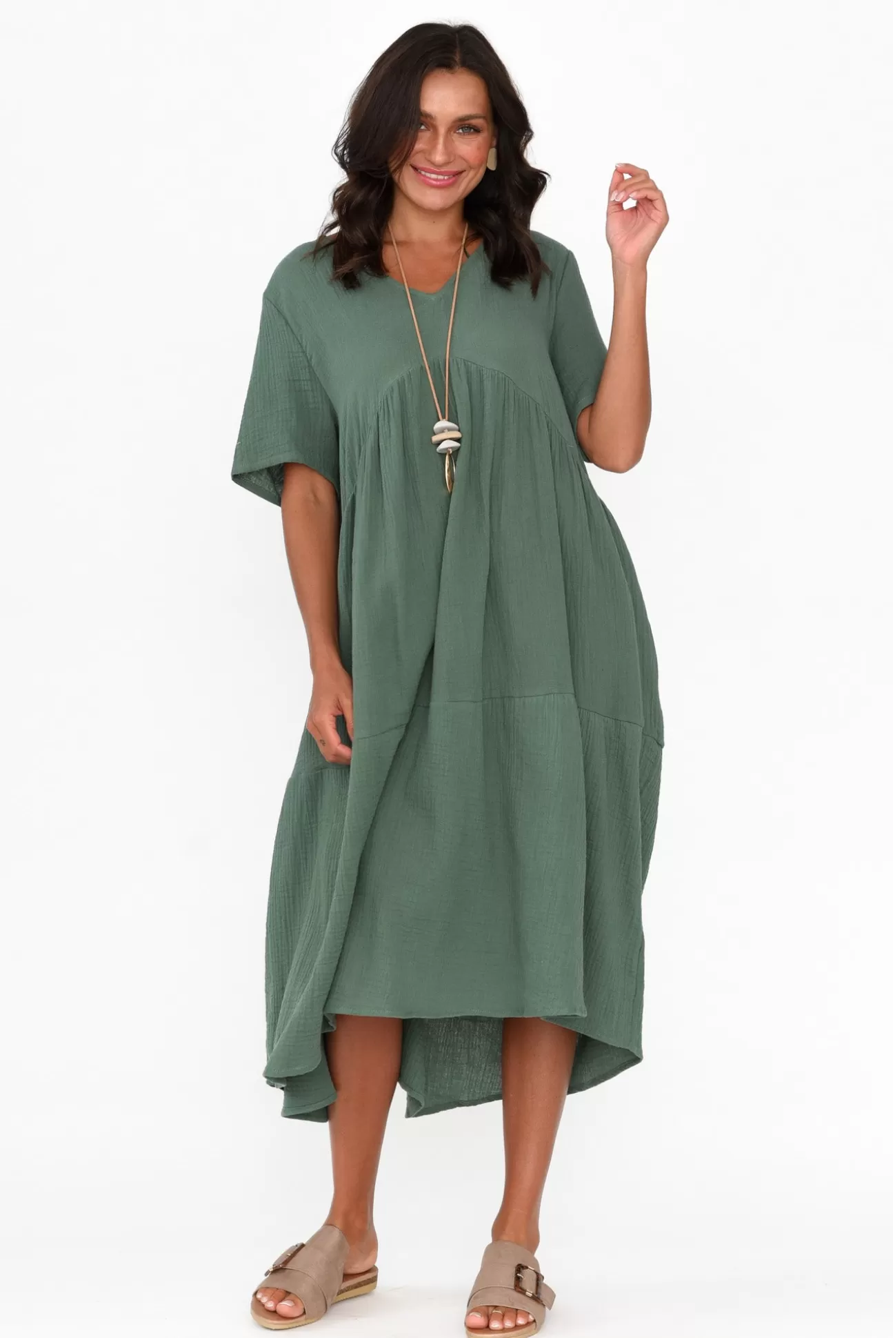 La Mode Evianna Khaki Cotton Peak Dress Cheap