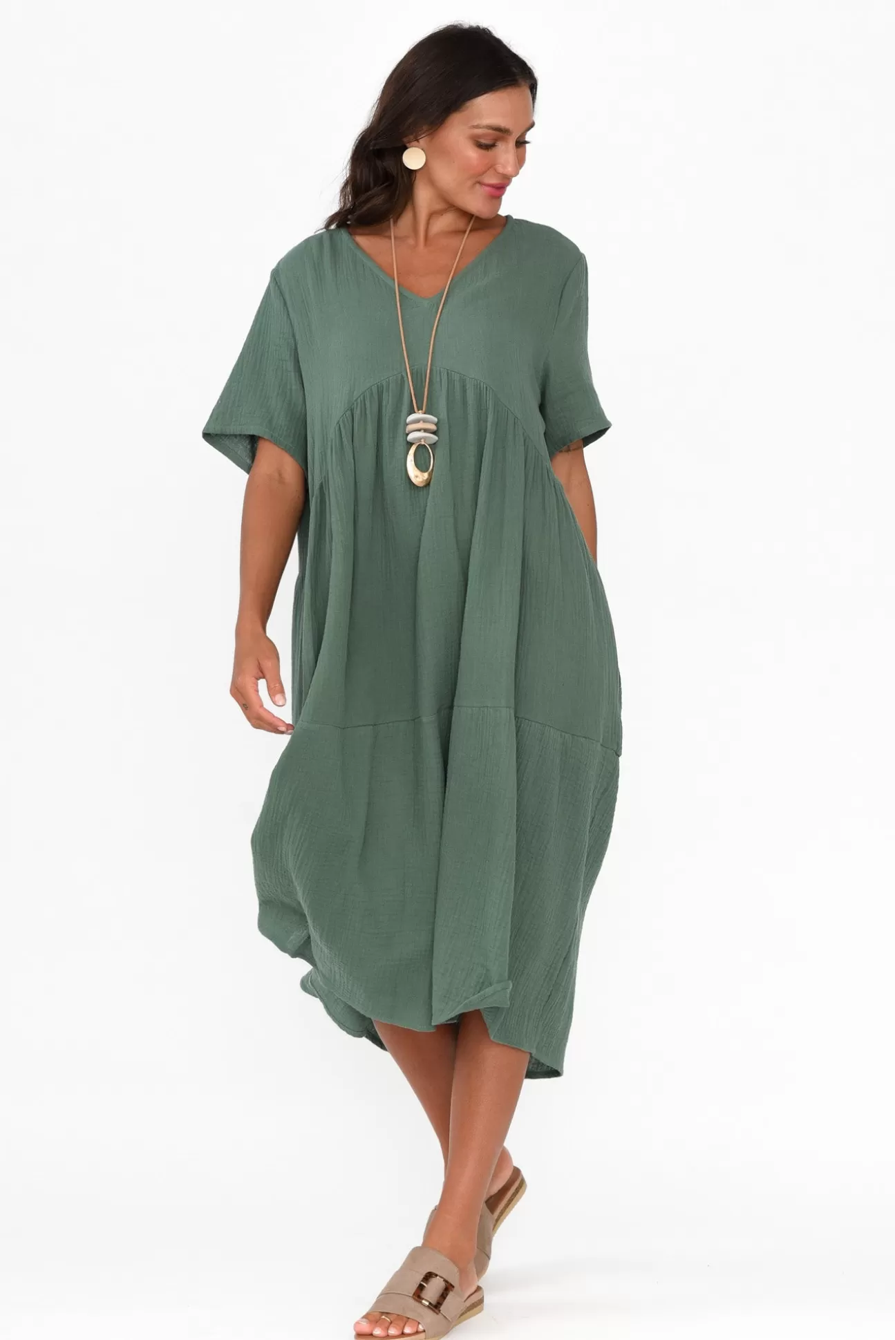 La Mode Evianna Khaki Cotton Peak Dress Cheap