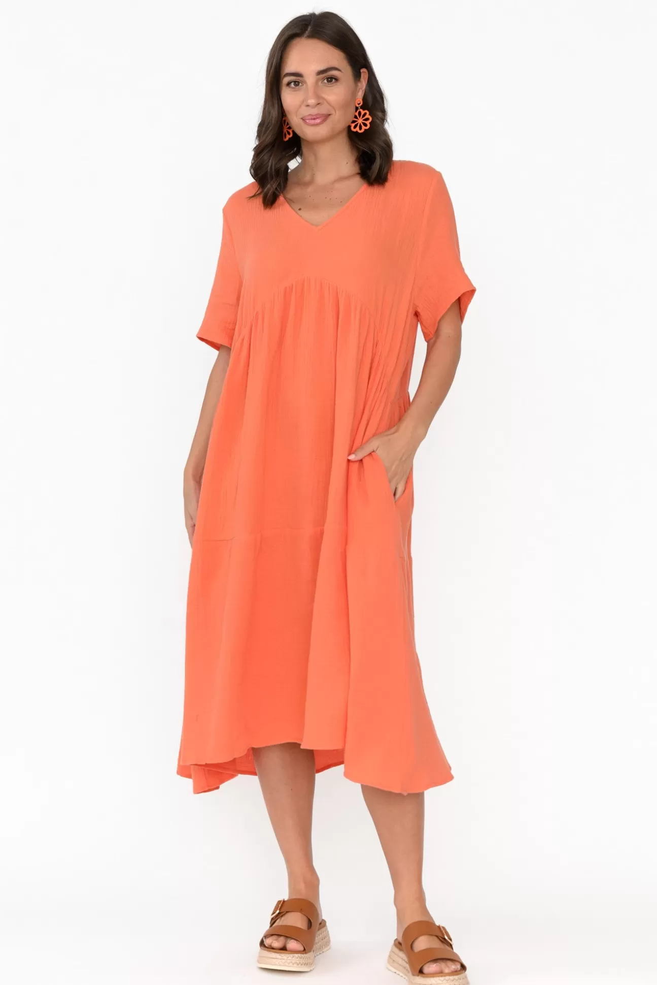 La Mode Evianna Peach Cotton Peak Dress Hot