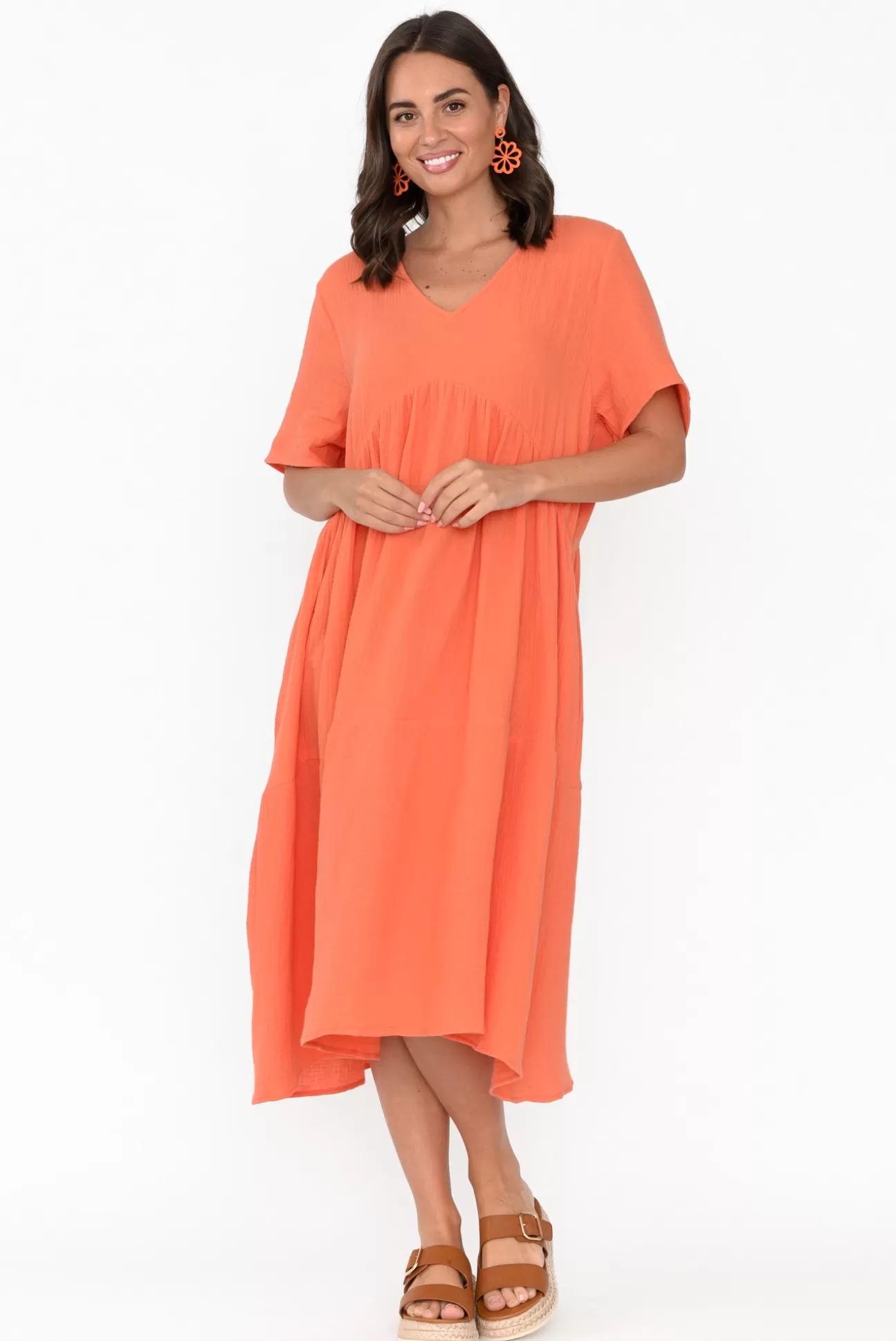 La Mode Evianna Peach Cotton Peak Dress Hot