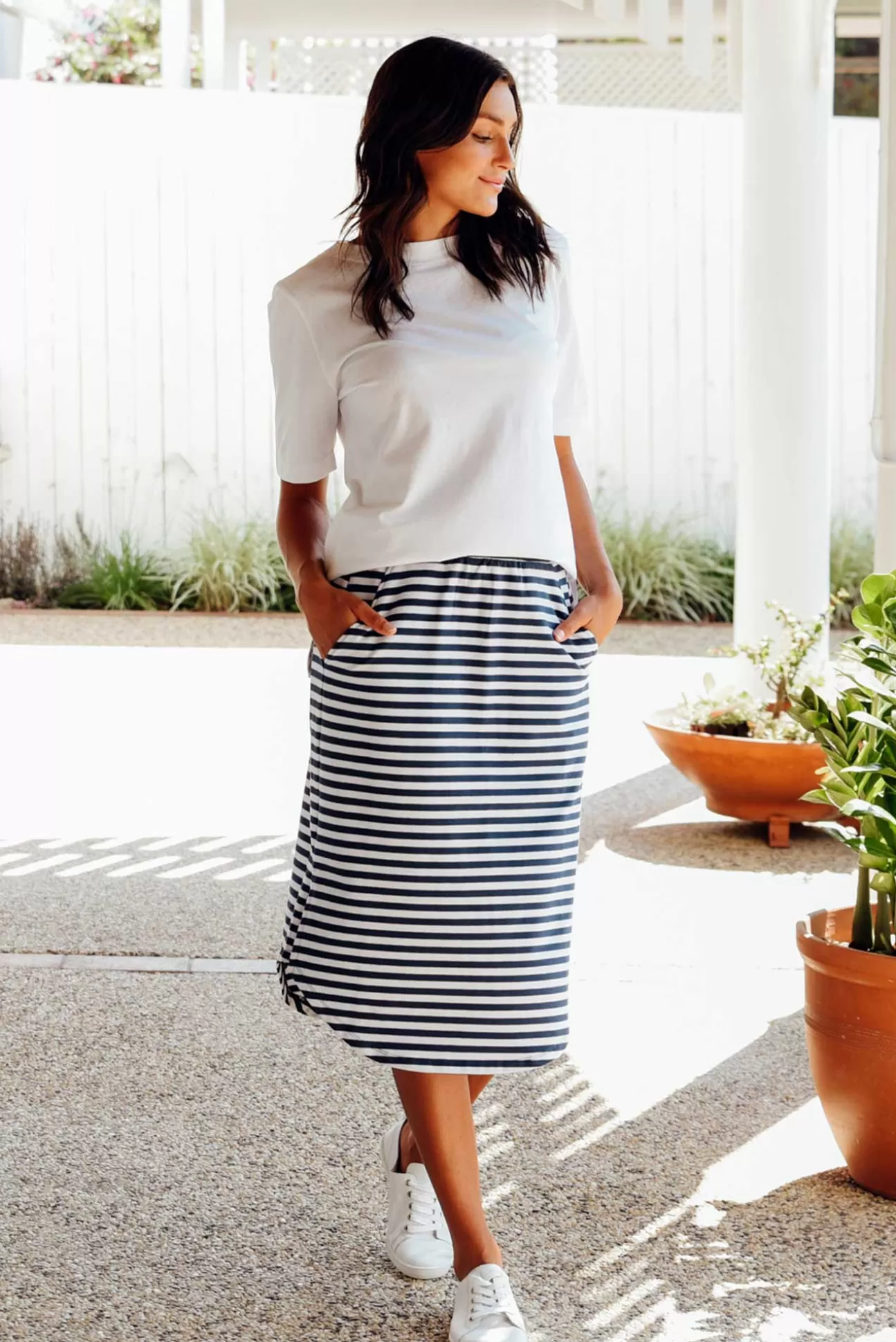 Betty Basics Evie Navy Stripe Cotton Blend Skirt Best Sale