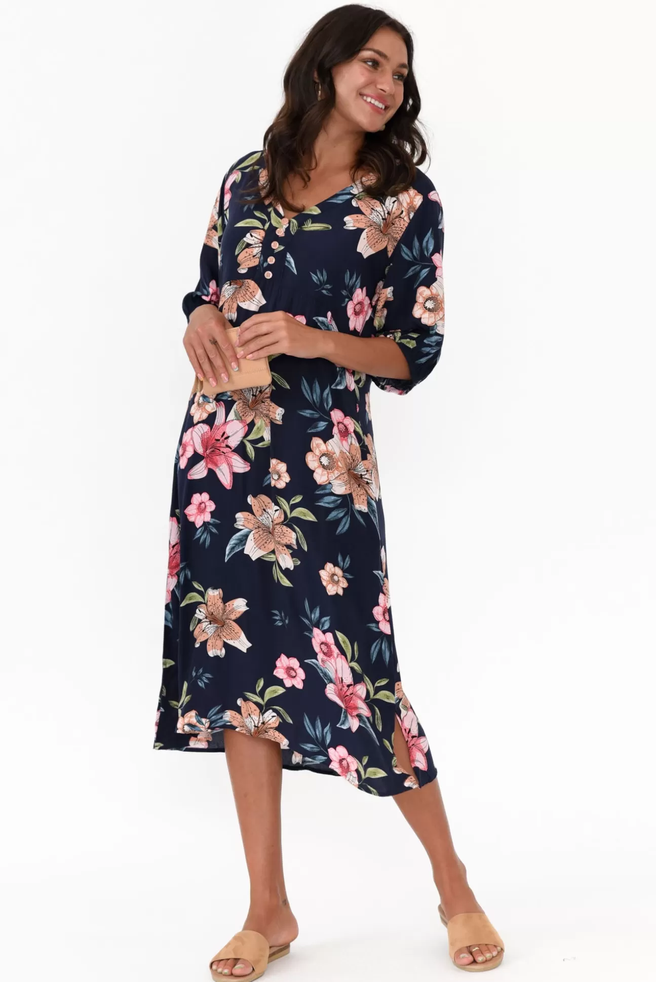 Cafe Latte Farah Navy Blossom Button Dress Online