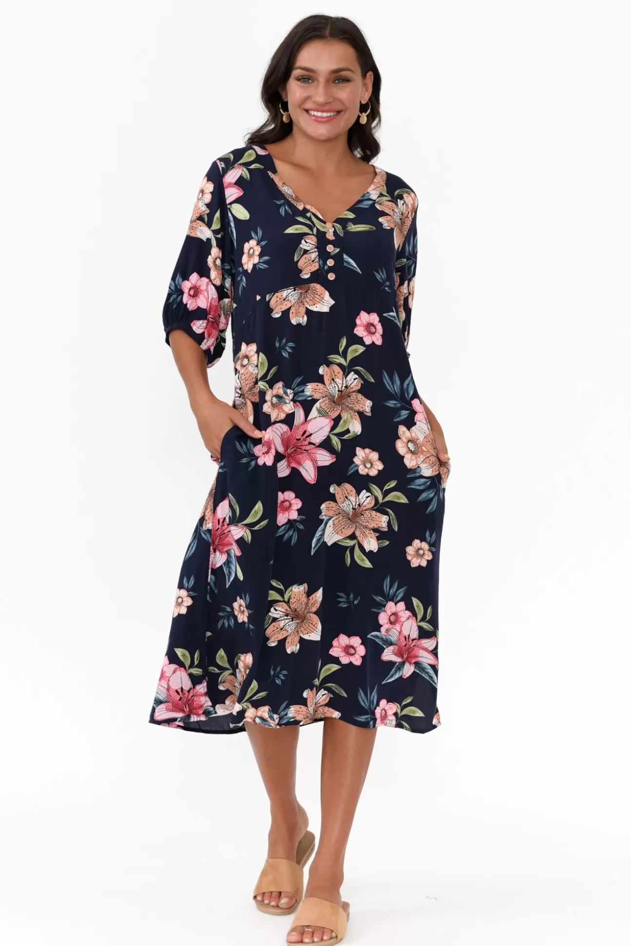 Cafe Latte Farah Navy Blossom Button Dress Online