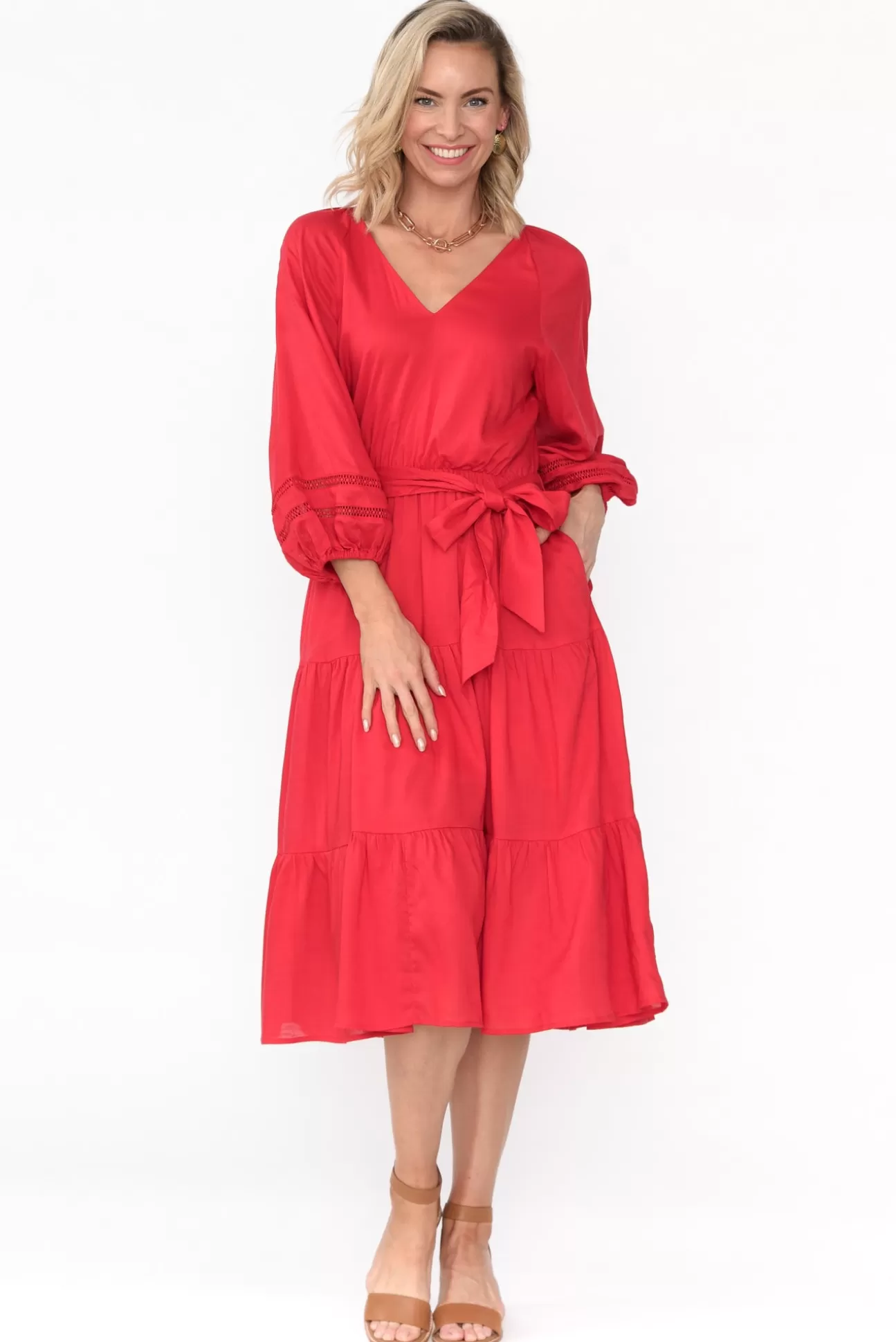 Fate Becker Faraway Red Tiered Midi Dress Shop