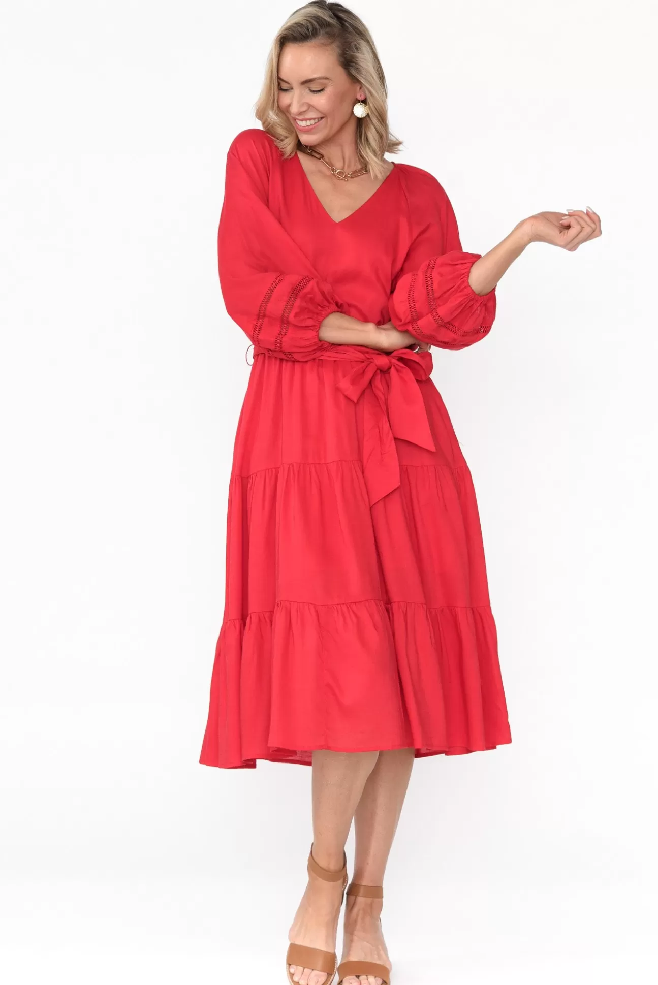 Fate Becker Faraway Red Tiered Midi Dress Shop