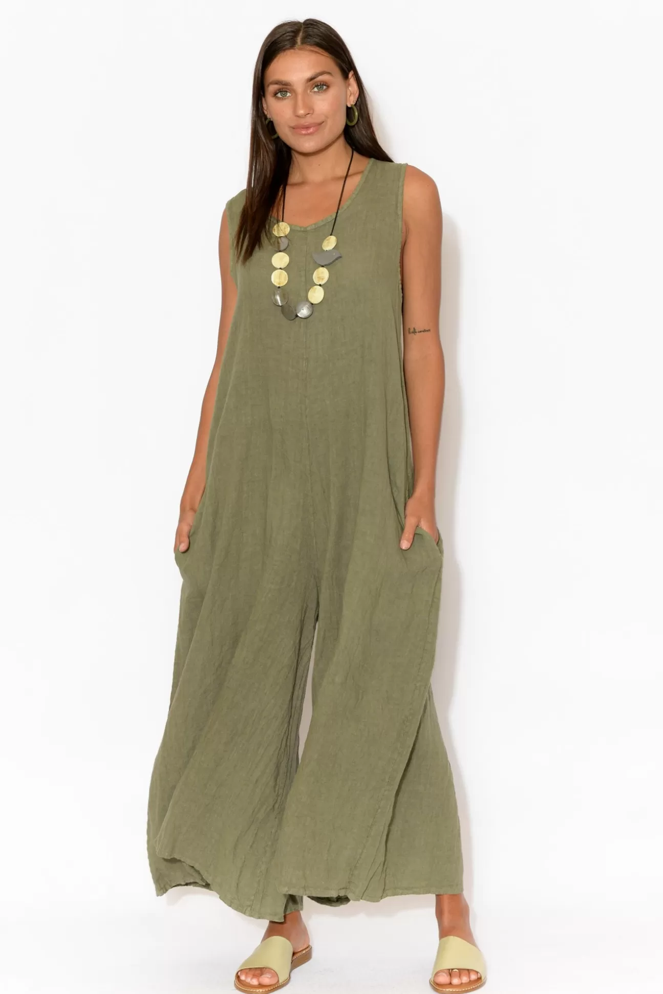 Talia Benson Fay Khaki Linen Jumpsuit New