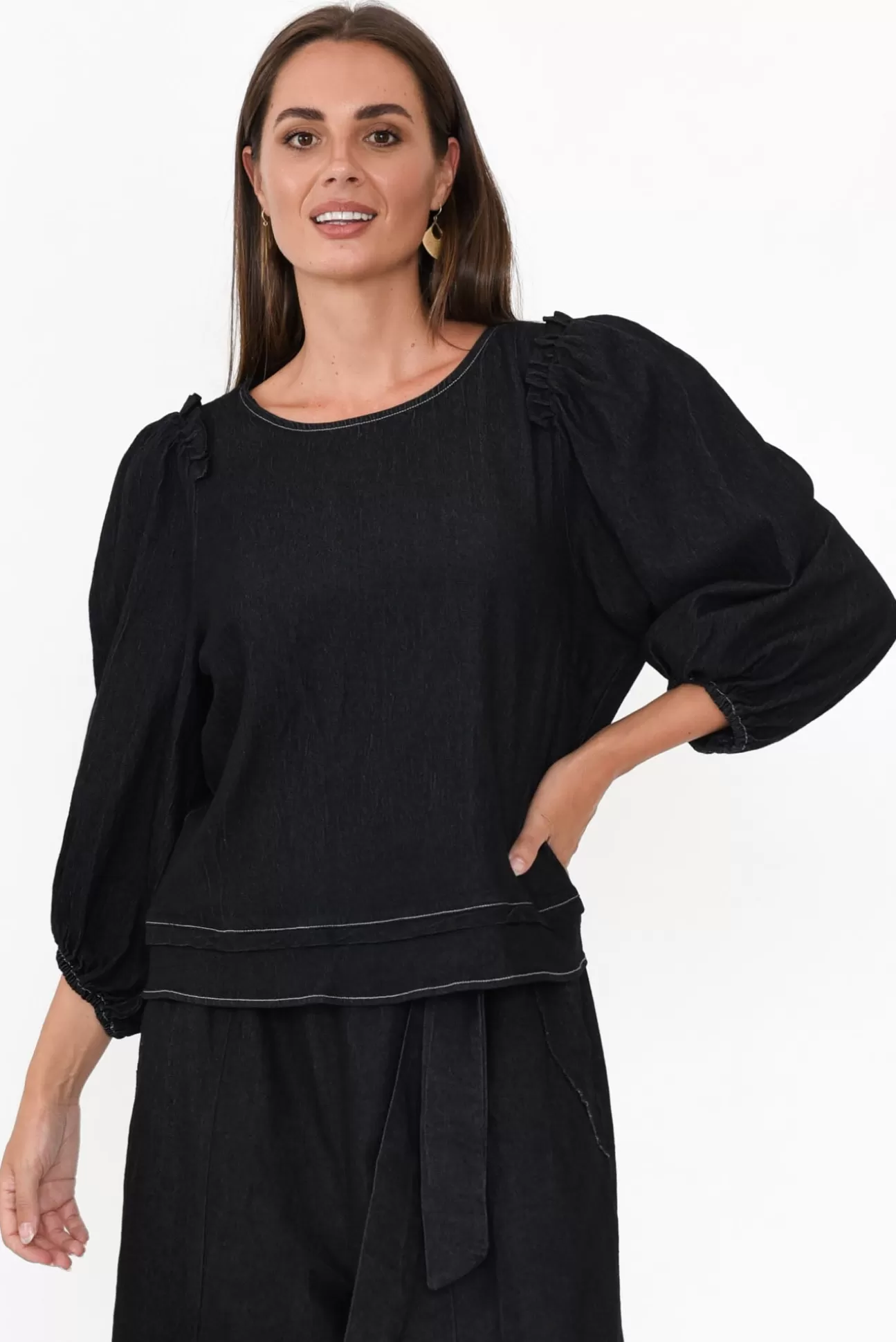 Cali and Co Ferguson Black Cotton Blend Frill Top Best Sale