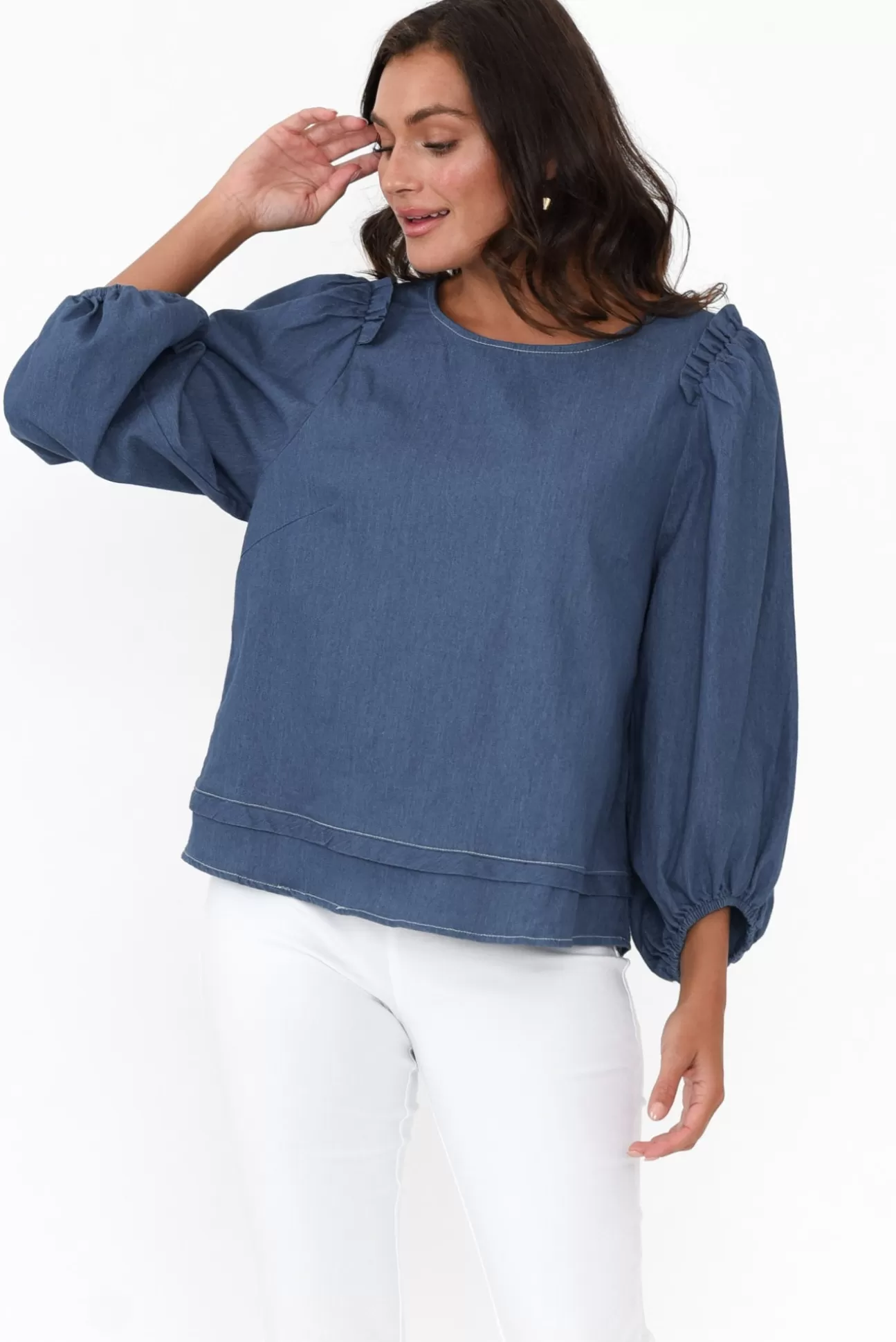 Cali and Co Ferguson Dark Blue Cotton Blend Frill Top Outlet