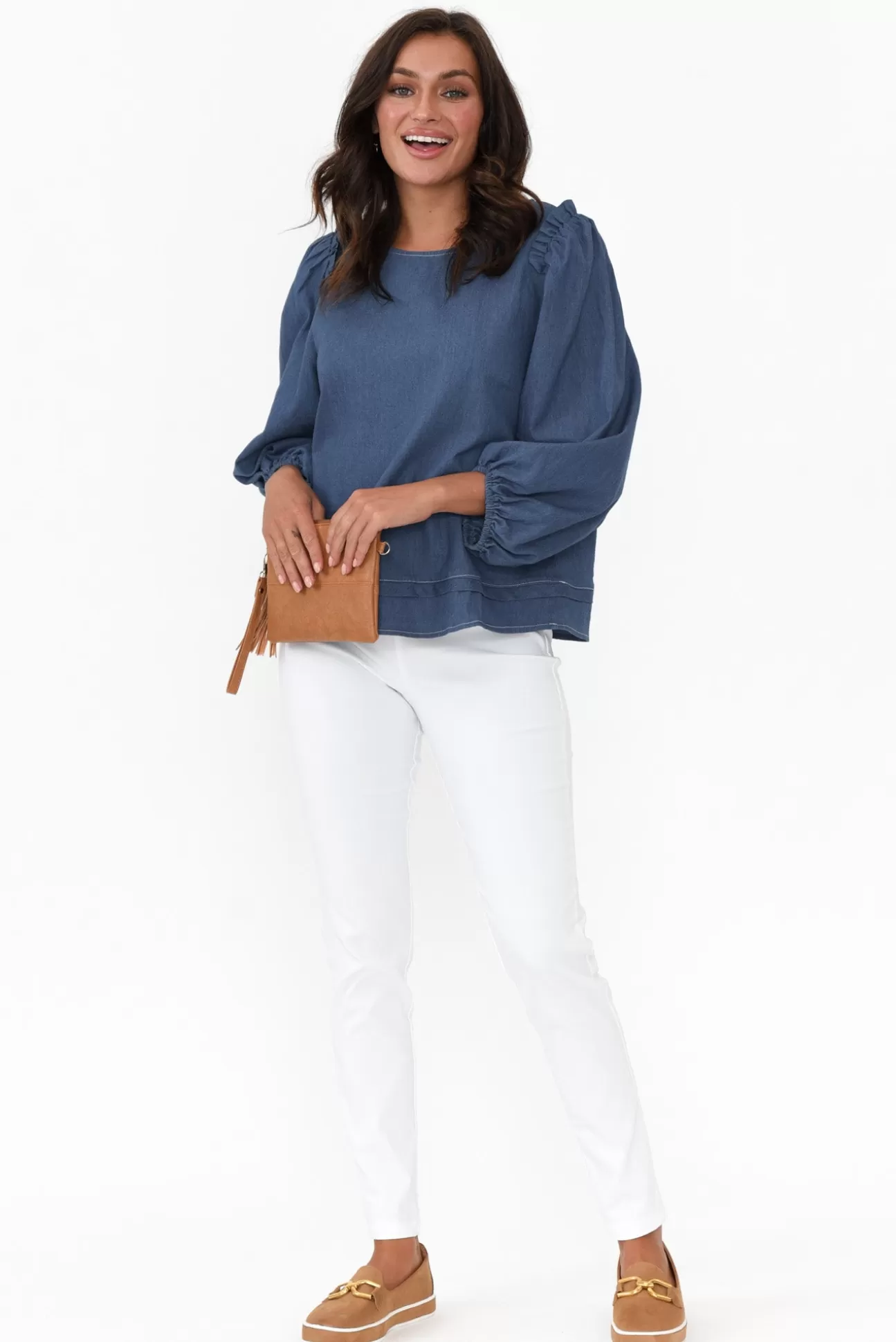 Cali and Co Ferguson Dark Blue Cotton Blend Frill Top Outlet