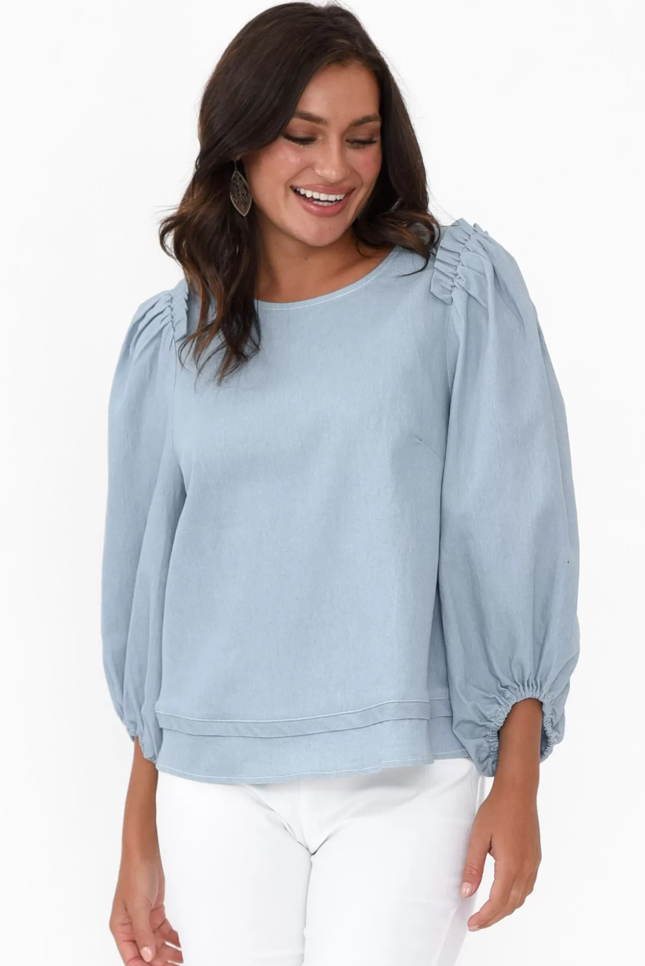 Cali and Co Ferguson Light Blue Cotton Blend Frill Top Cheap