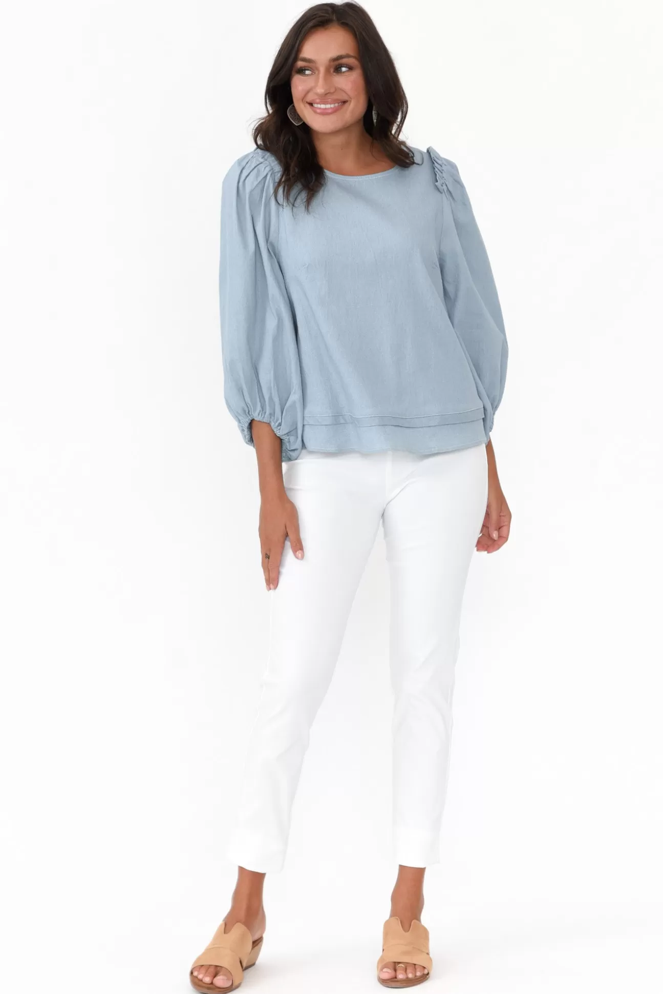 Cali and Co Ferguson Light Blue Cotton Blend Frill Top Cheap