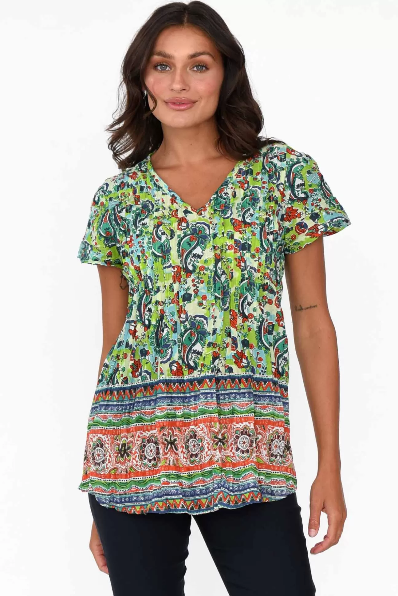 One Summer Fia Green Paisley Cotton Top Flash Sale