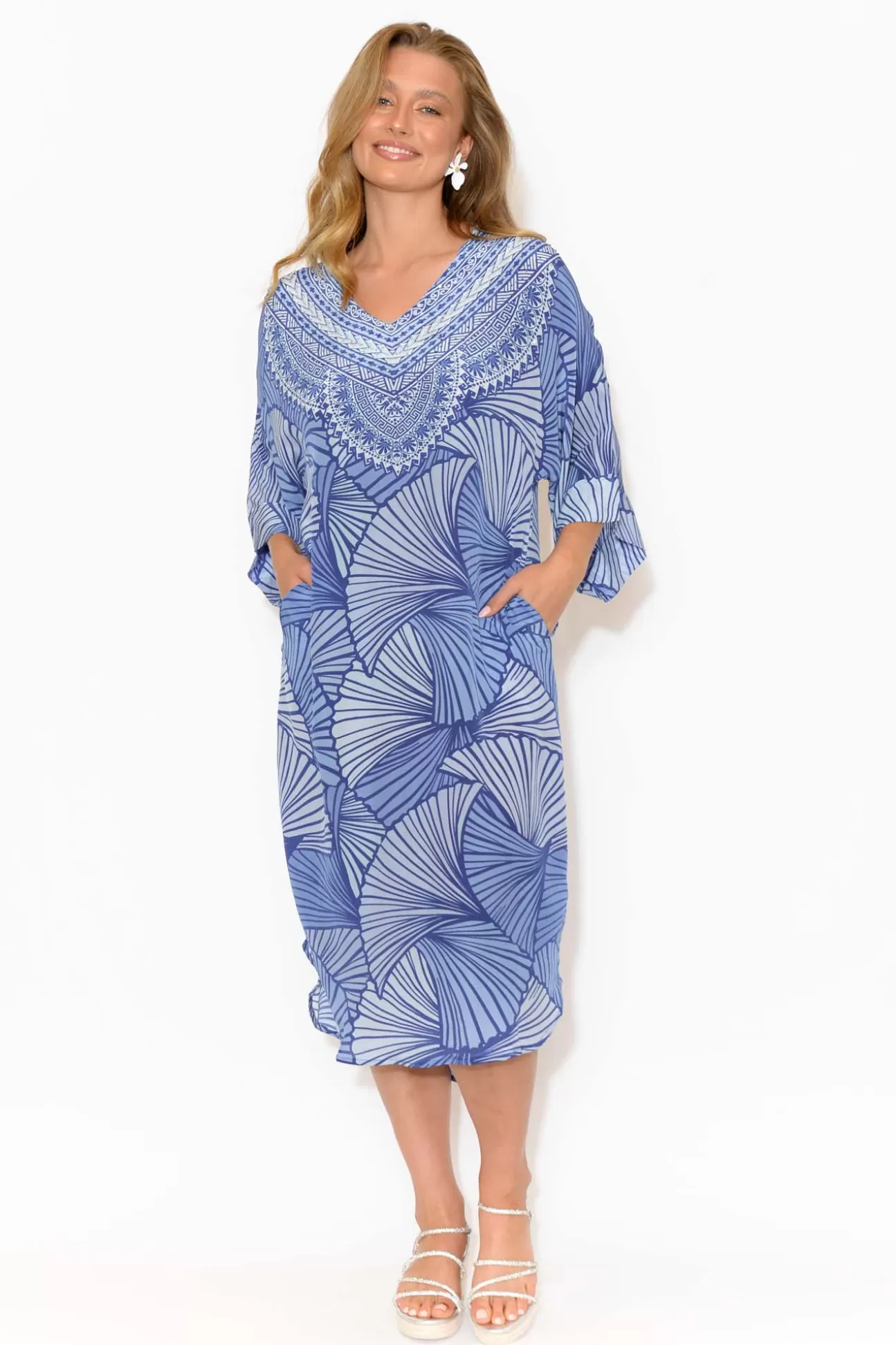 Inoa Fiona Blue Geometric Silk Tie Waist Dress Sale