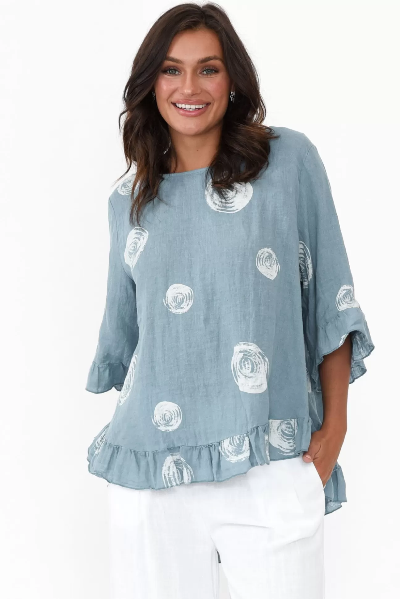 Cali and Co Fitzgerald Blue Spot Linen Frill Top Outlet