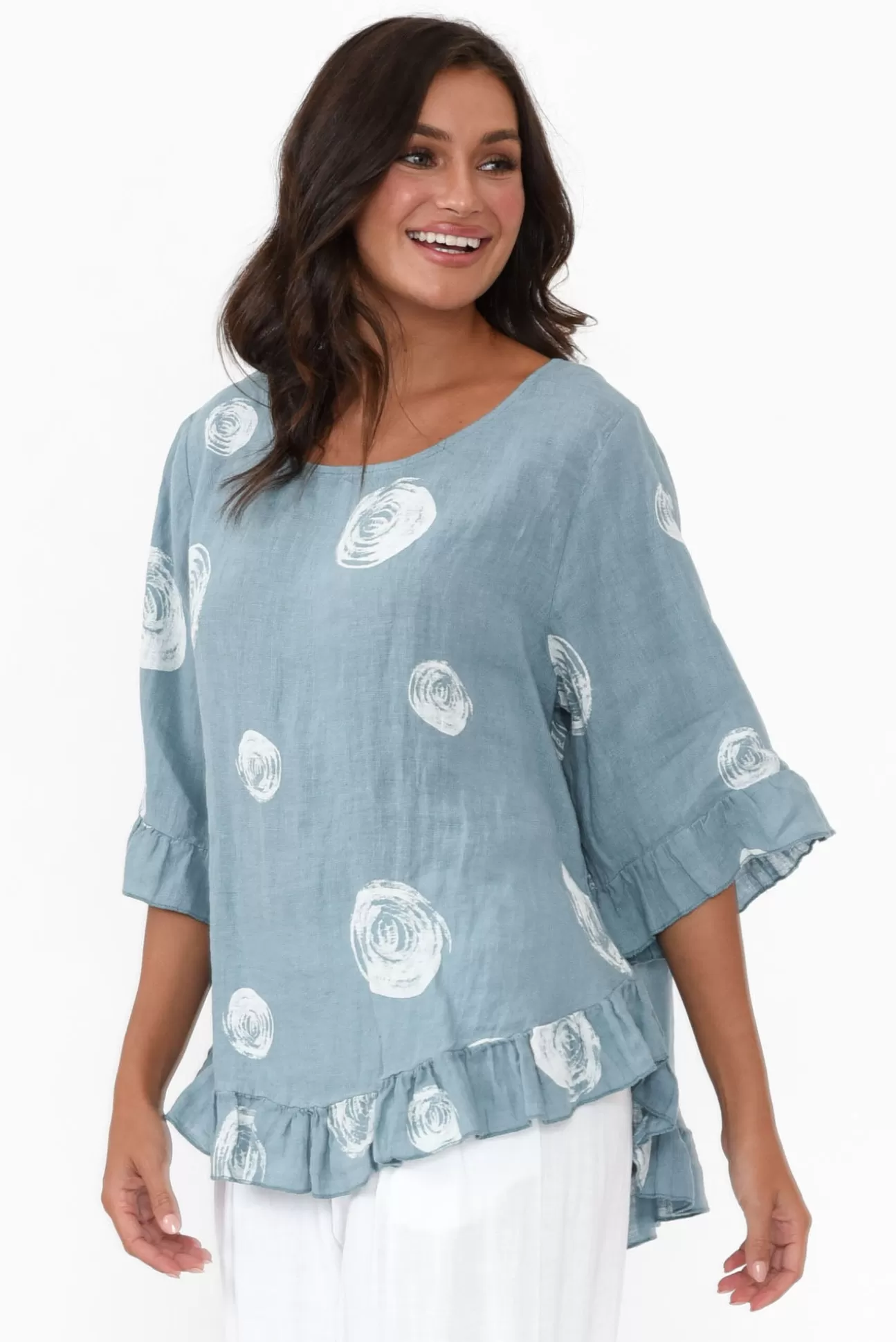 Cali and Co Fitzgerald Blue Spot Linen Frill Top Outlet