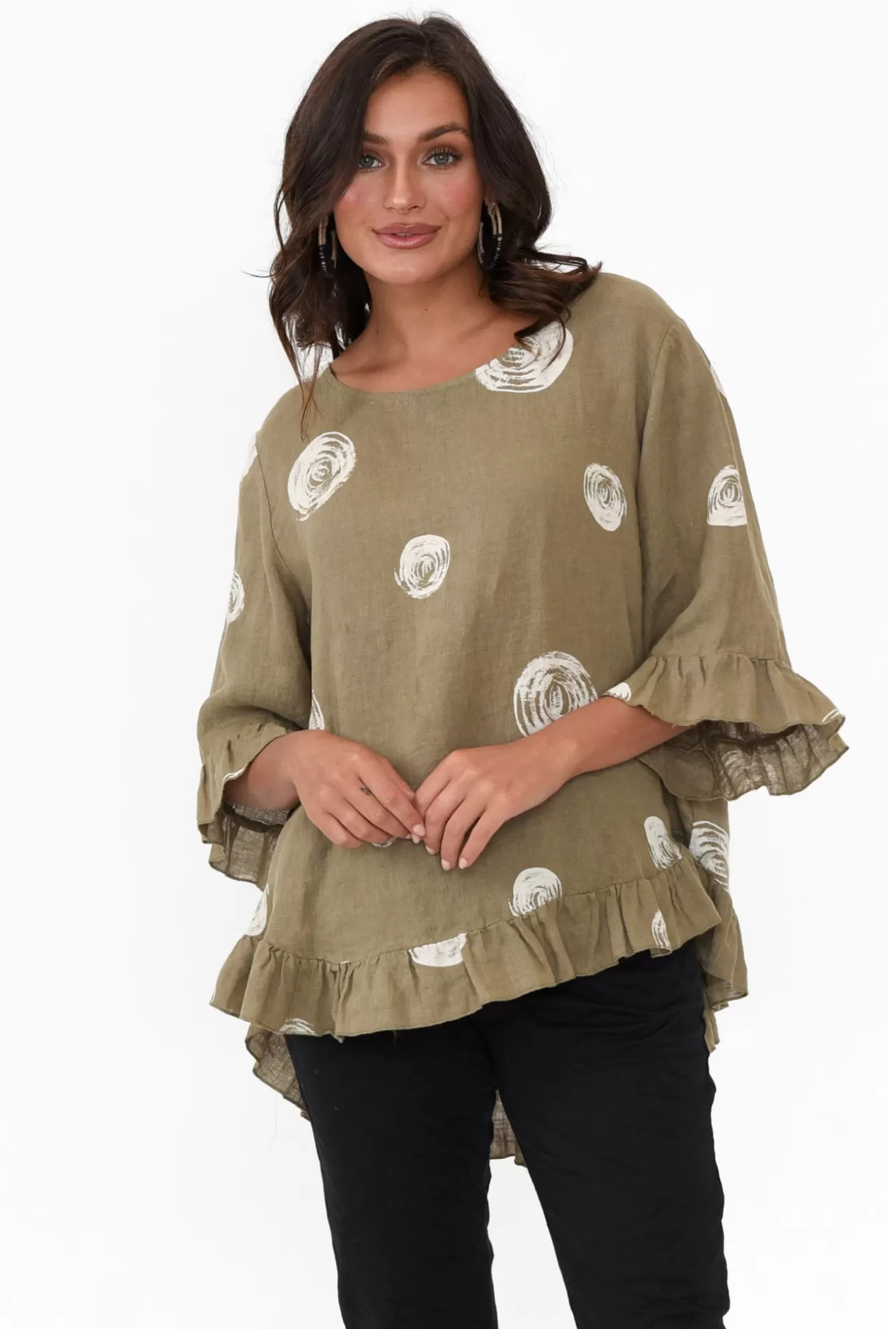 Cali and Co Fitzgerald Khaki Spot Linen Frill Top Online