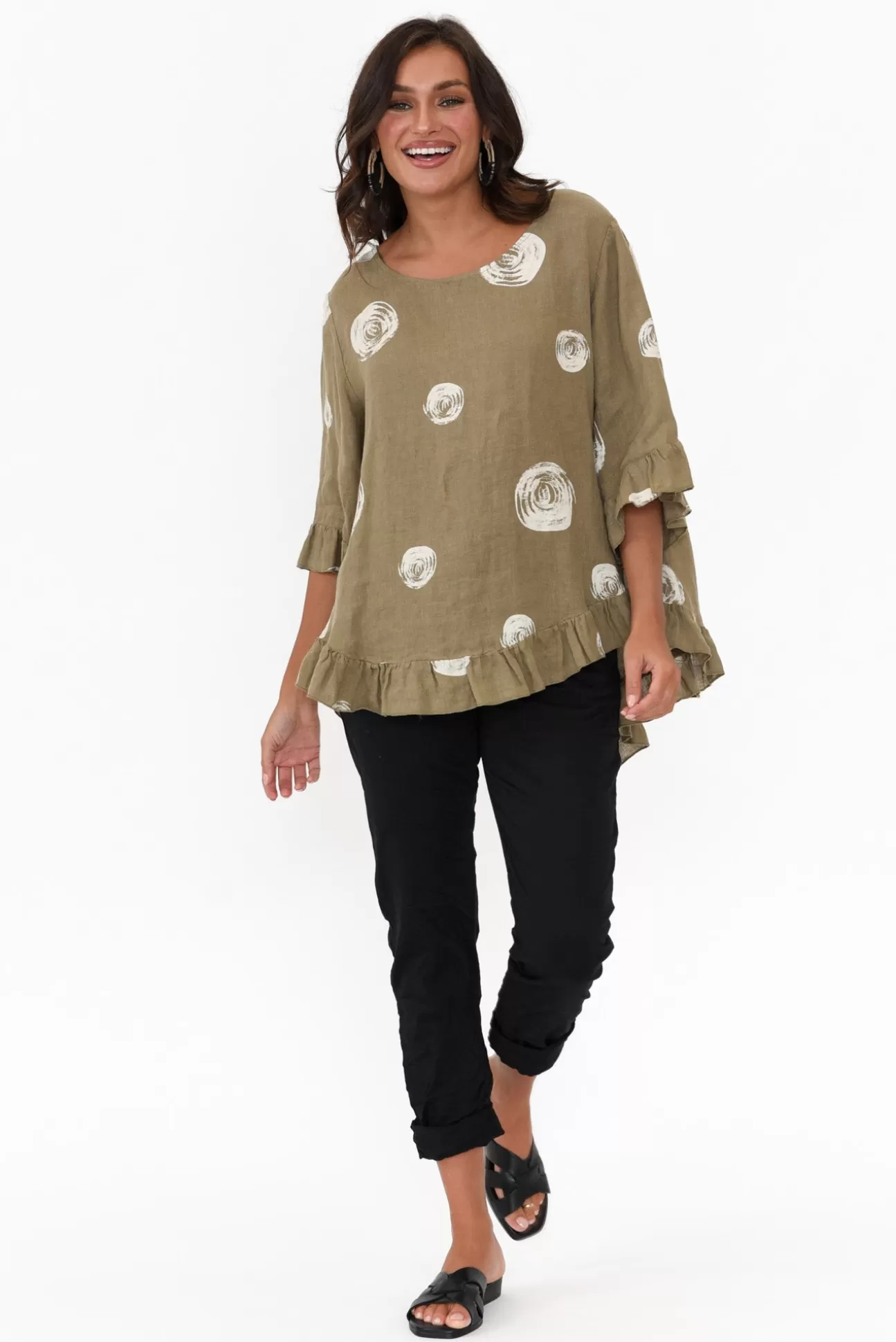 Cali and Co Fitzgerald Khaki Spot Linen Frill Top Online