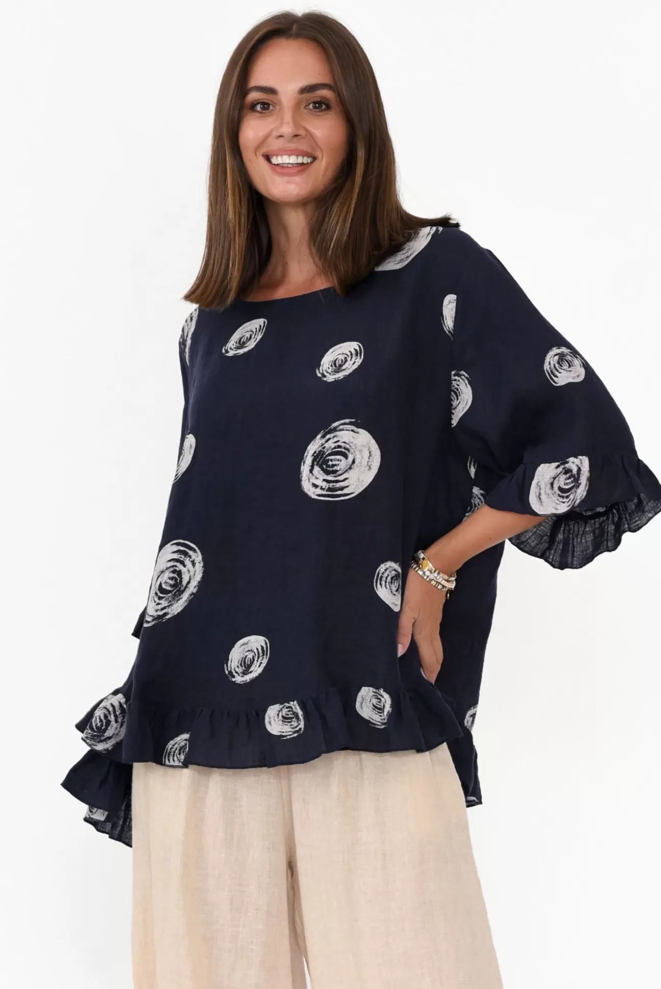 Cali and Co Fitzgerald Navy Spot Linen Frill Top Flash Sale