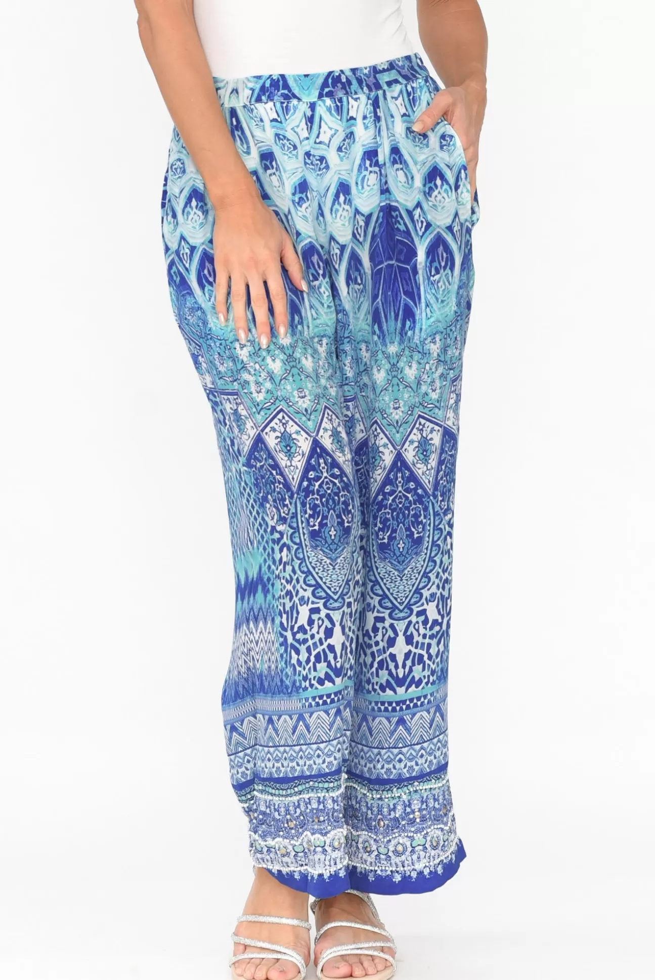 Fashion Spectrum Florence Blue Silk Wide Leg Pant Hot