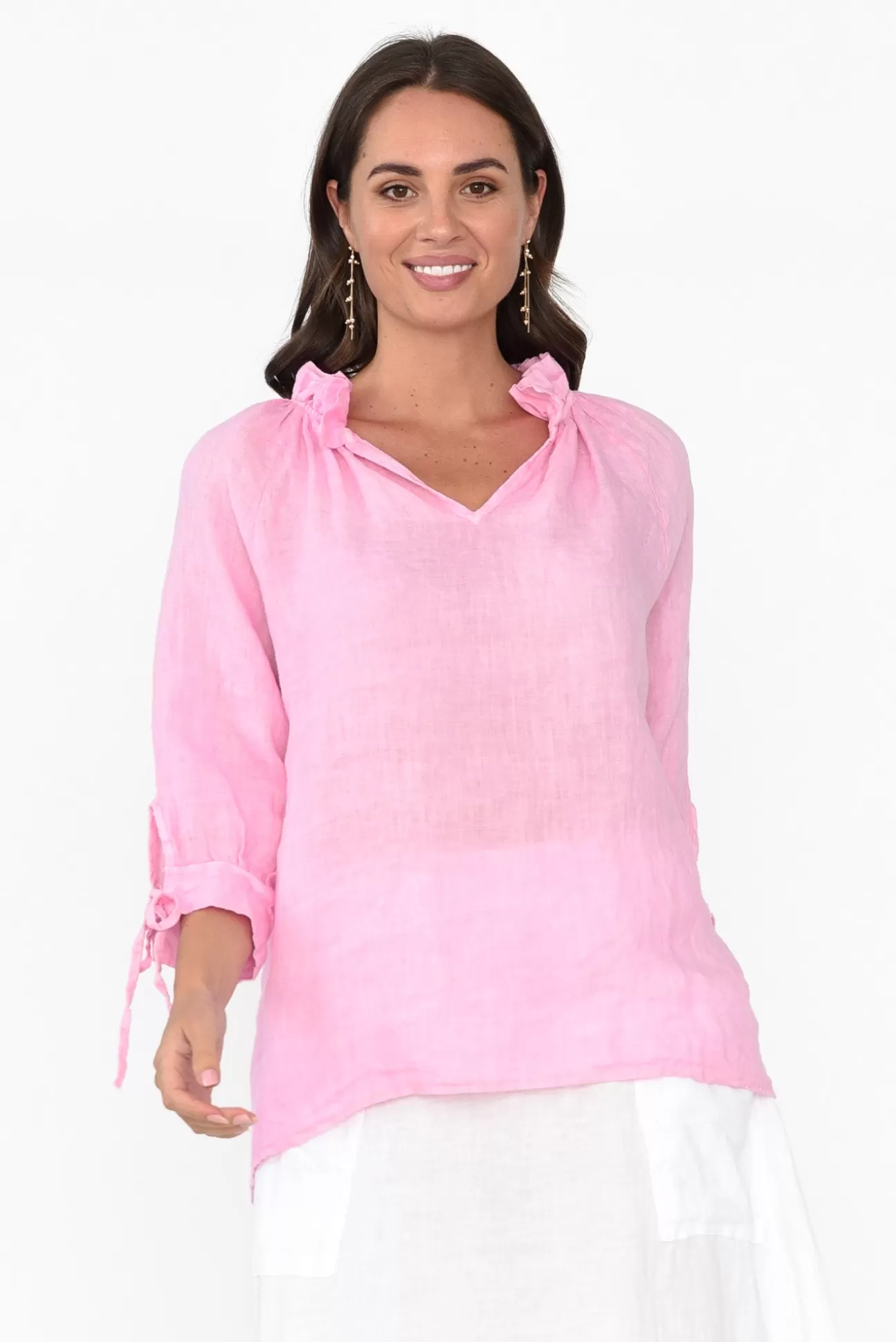 La Strada Francisco Pink Linen Frill Top Online