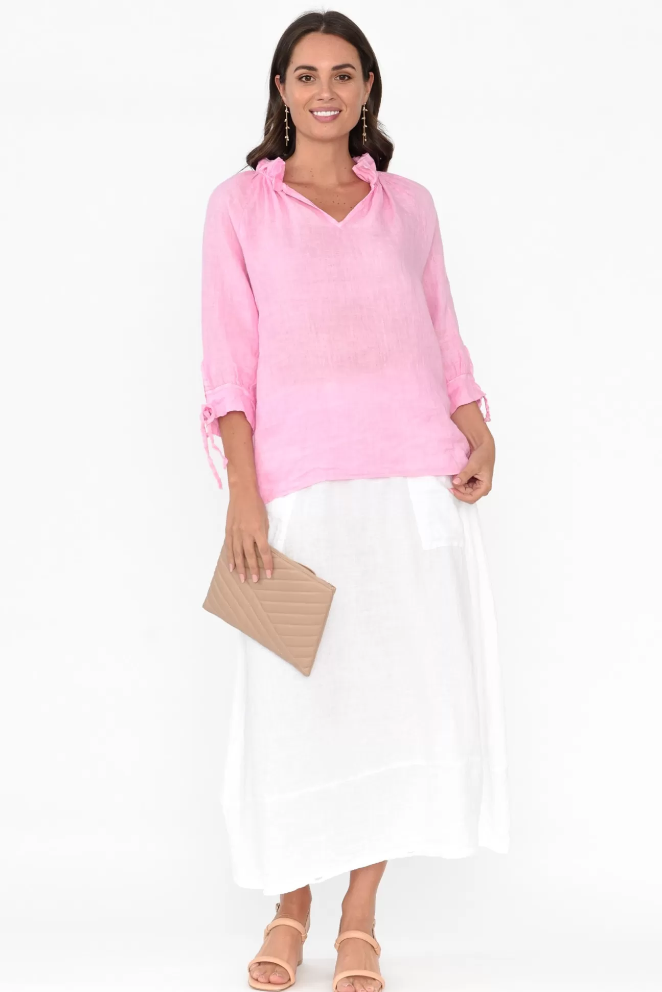 La Strada Francisco Pink Linen Frill Top Online