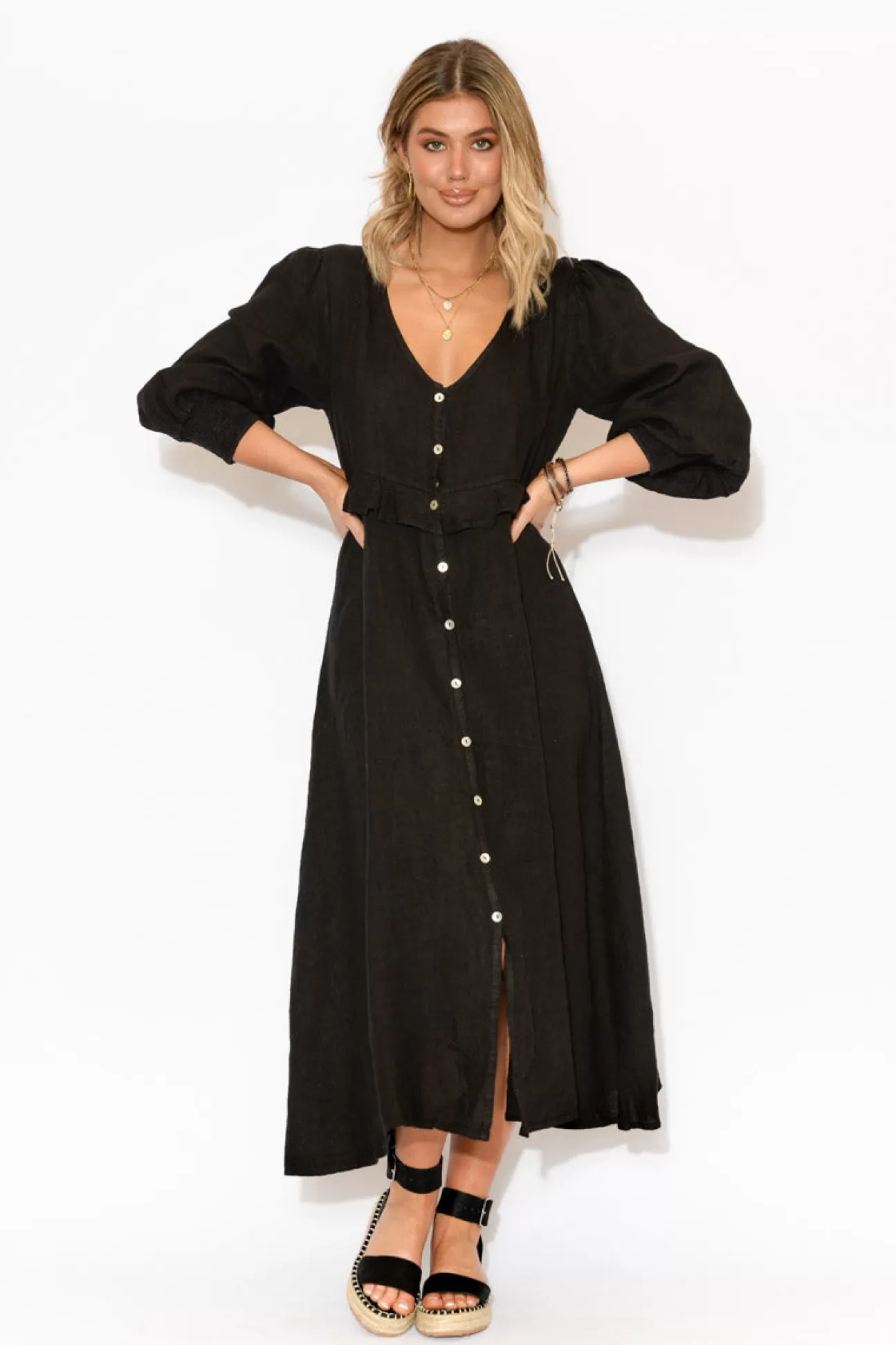 Puro Lino Frankie Black Linen Button Dress Online