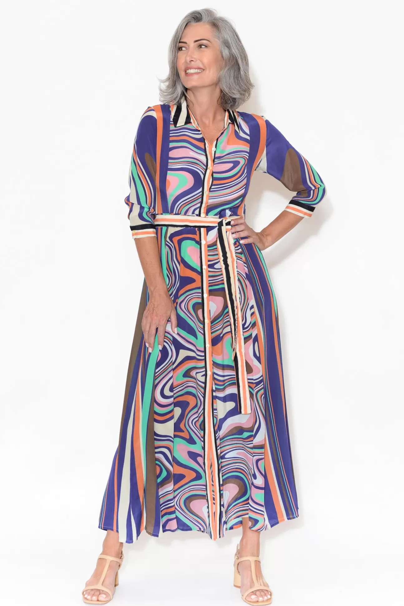 Inoa Freya Cobalt Ripple Silk Shirt Dress Sale