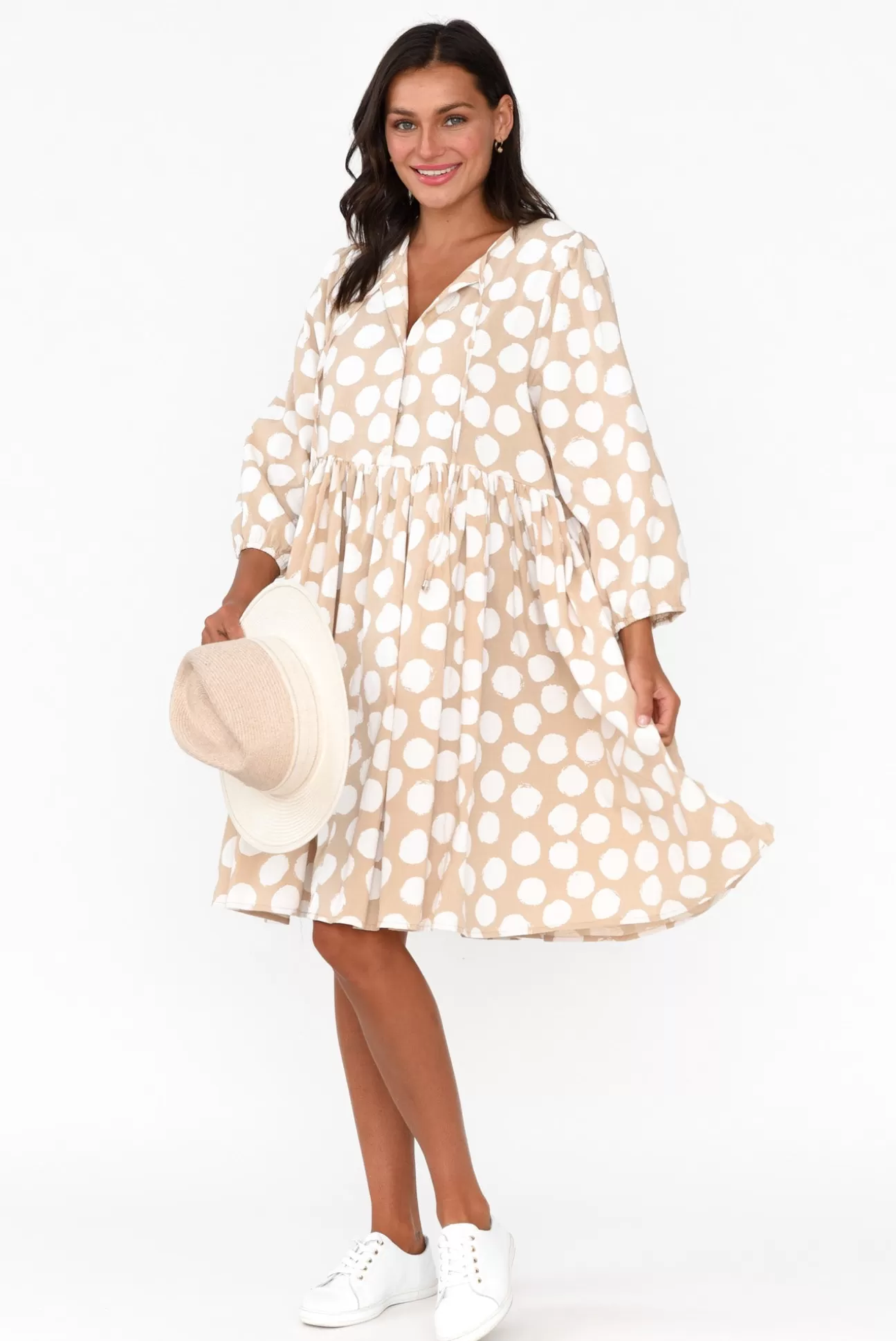 Cali and Co Frieda Beige Spot Cotton Tie Dress Clearance