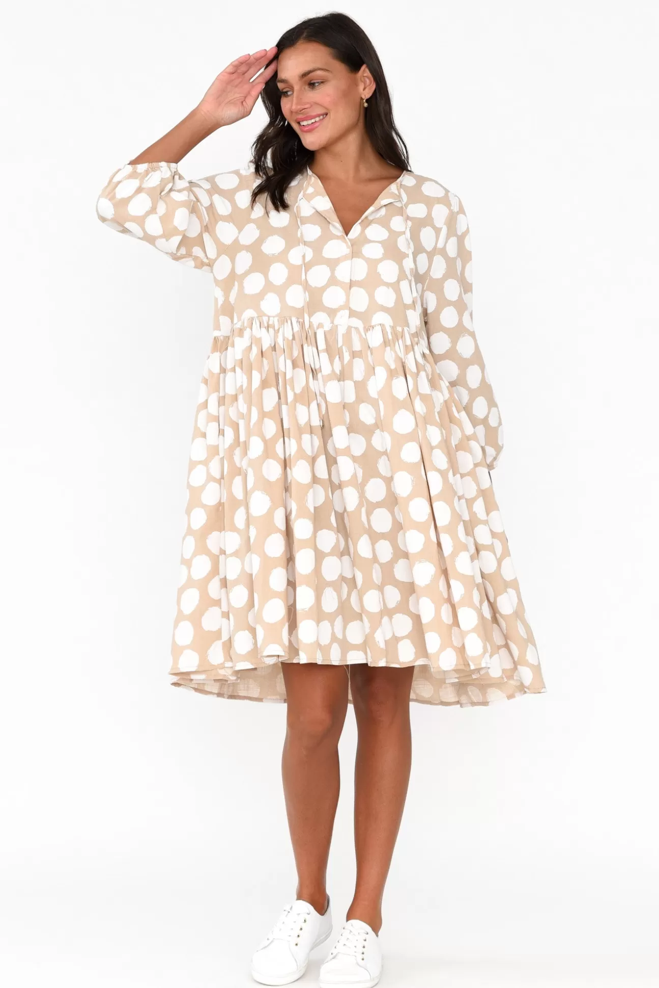 Cali and Co Frieda Beige Spot Cotton Tie Dress Clearance