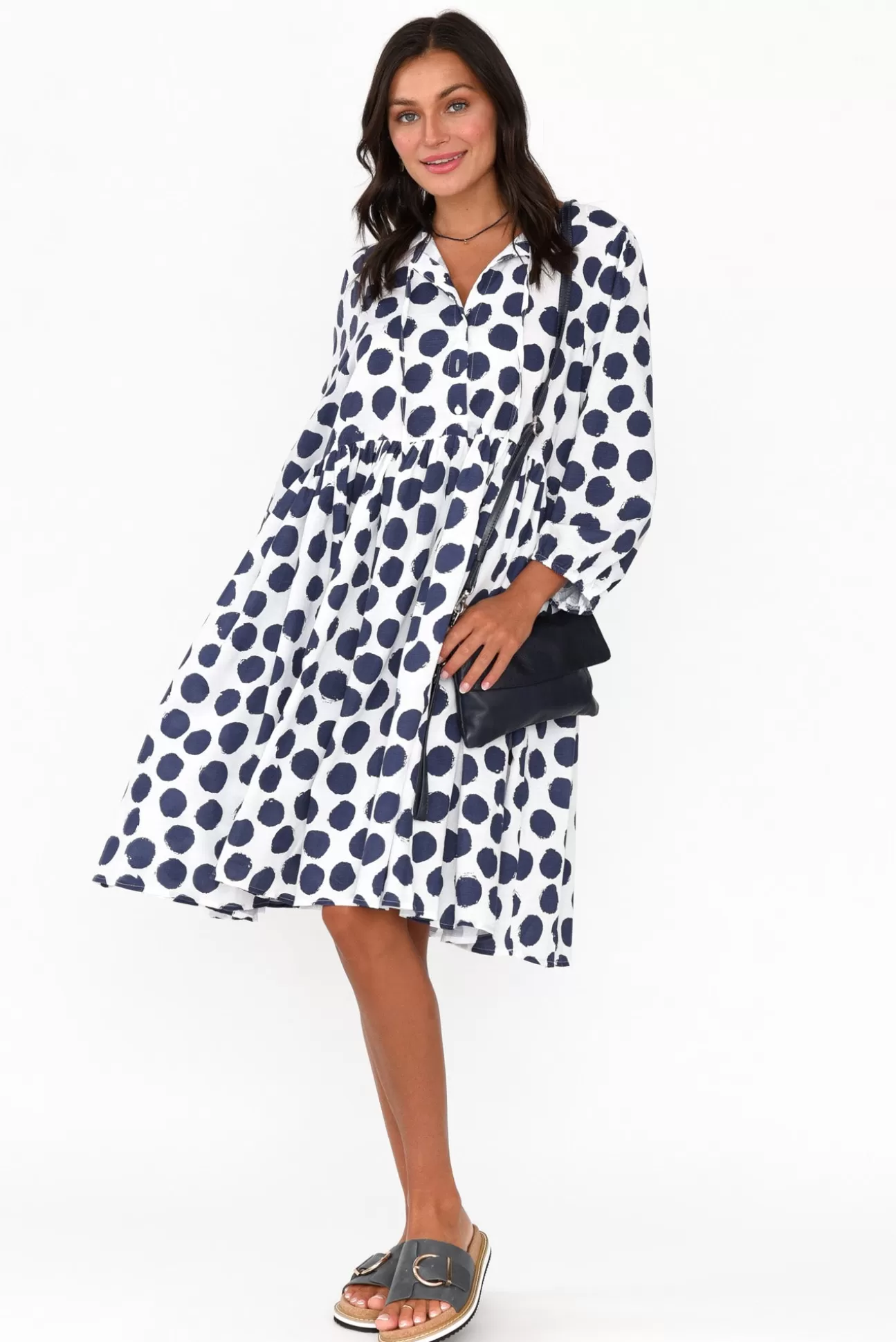 Cali and Co Frieda Navy Spot Cotton Tie Dress Discount