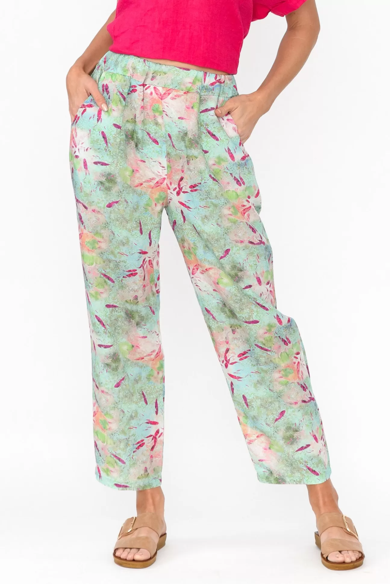 Cali and Co Fritz Mint Abstract Linen Pant Clearance