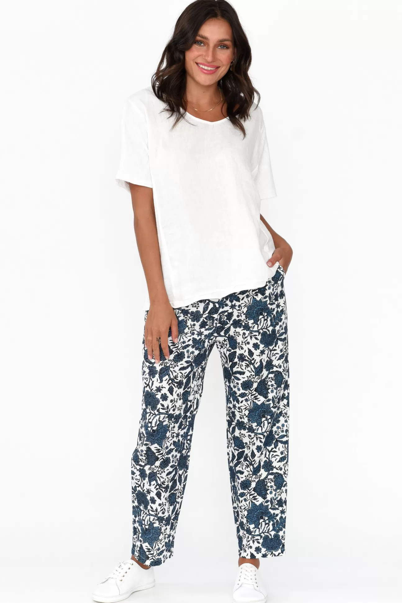 Cali and Co Fritz Navy Floral Linen Pant Sale