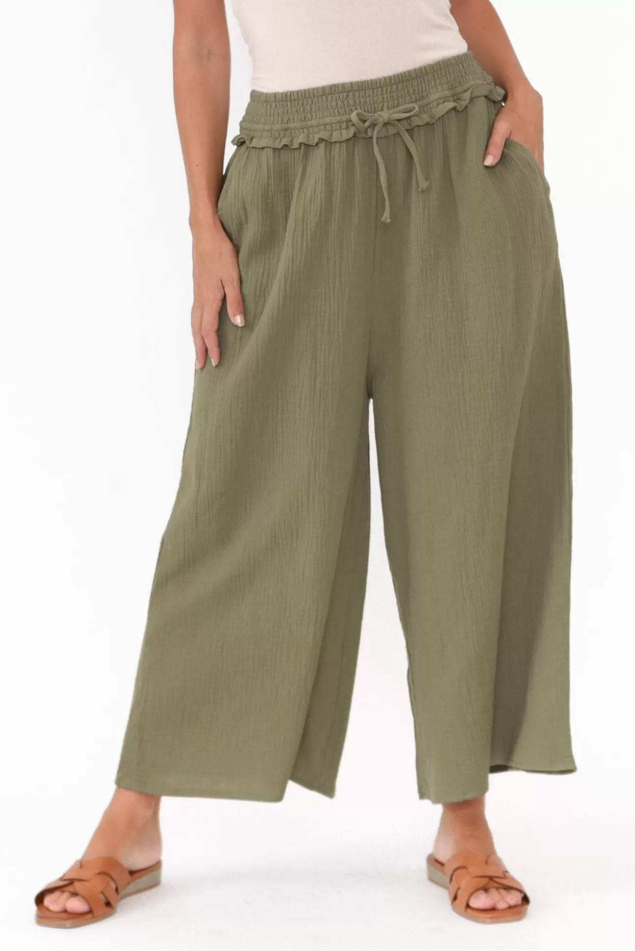 Cali and Co Gabby Khaki Cotton Wide Leg Pant Cheap