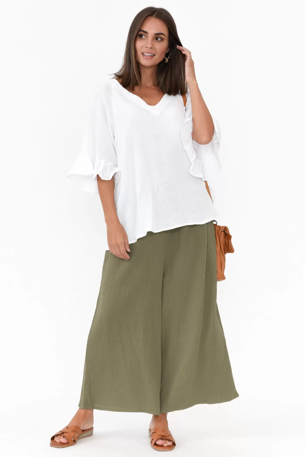 Cali and Co Gabby Khaki Cotton Wide Leg Pant Cheap