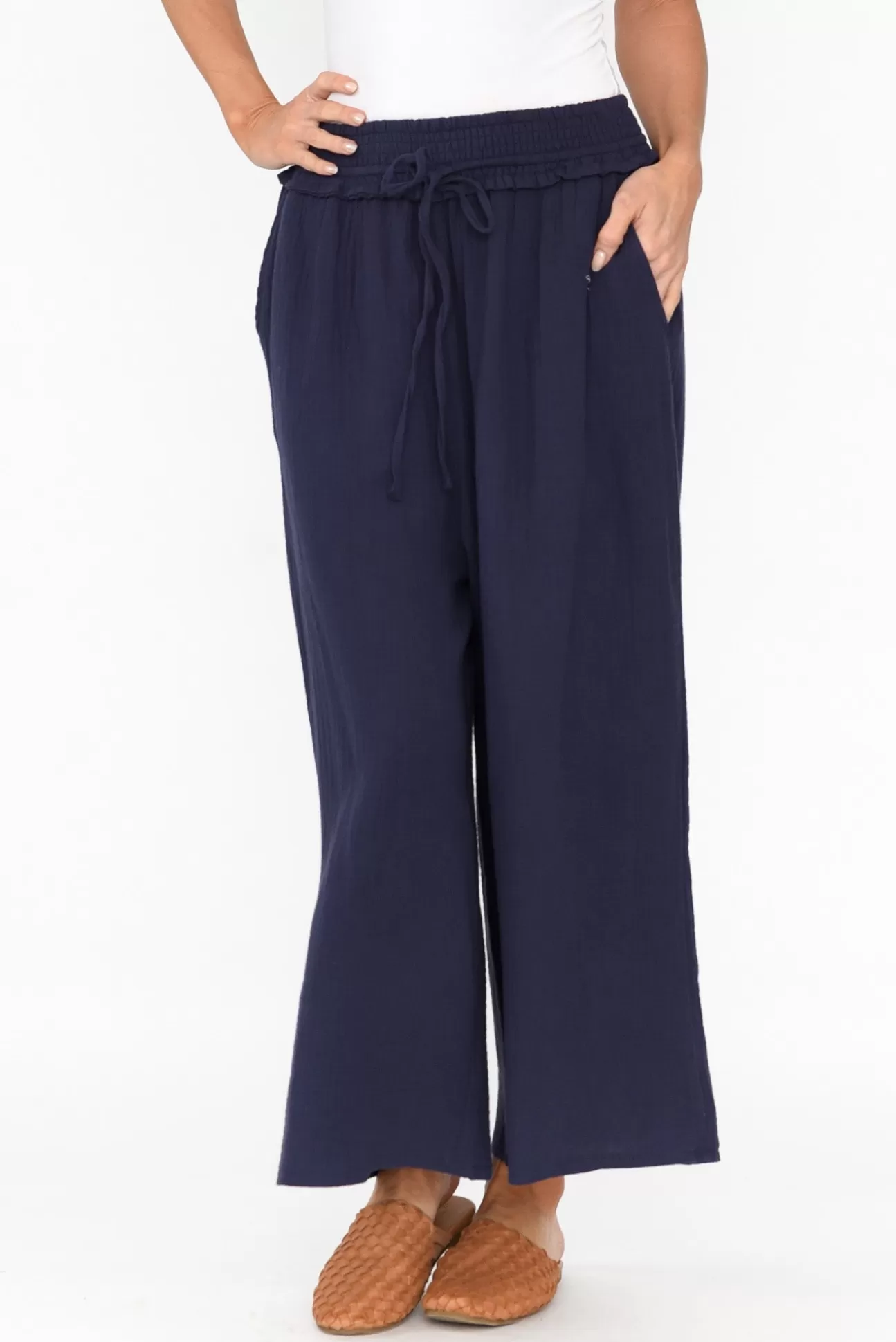 Cali and Co Gabby Navy Cotton Wide Leg Pant Best Sale