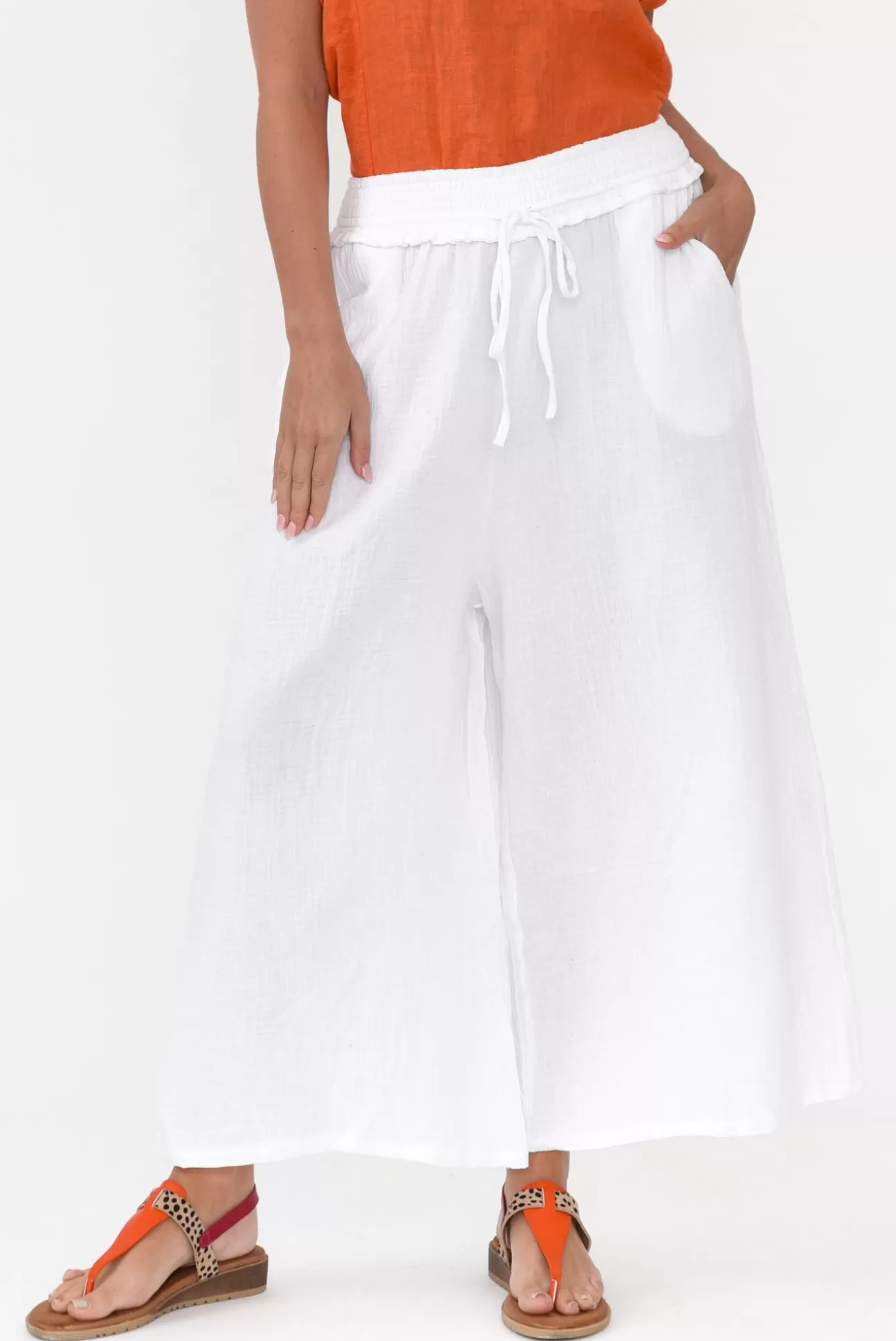 Cali and Co Gabby White Cotton Wide Leg Pant Store