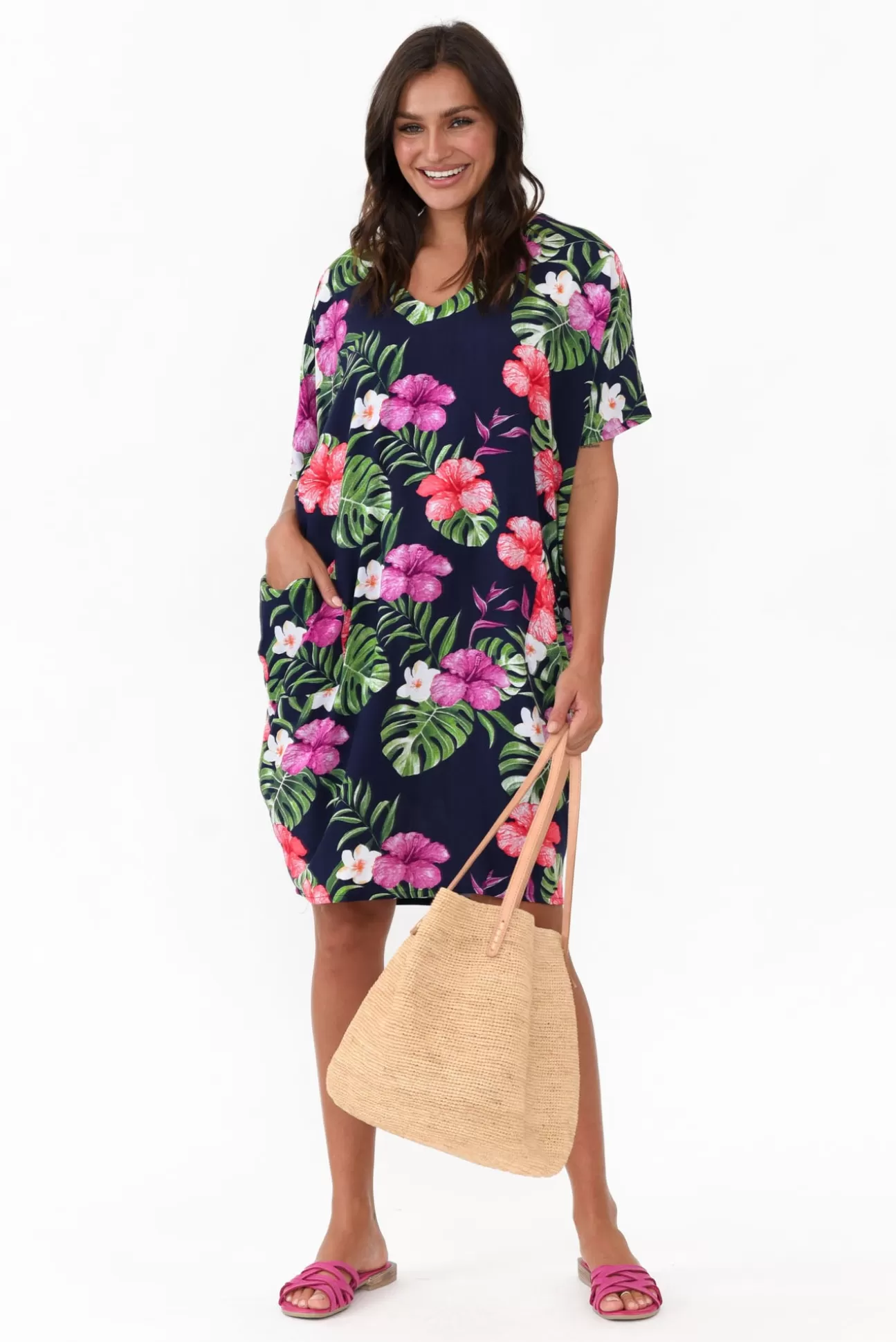 Red Lotus Gaby Navy Tropical Drape Tee Dress Fashion