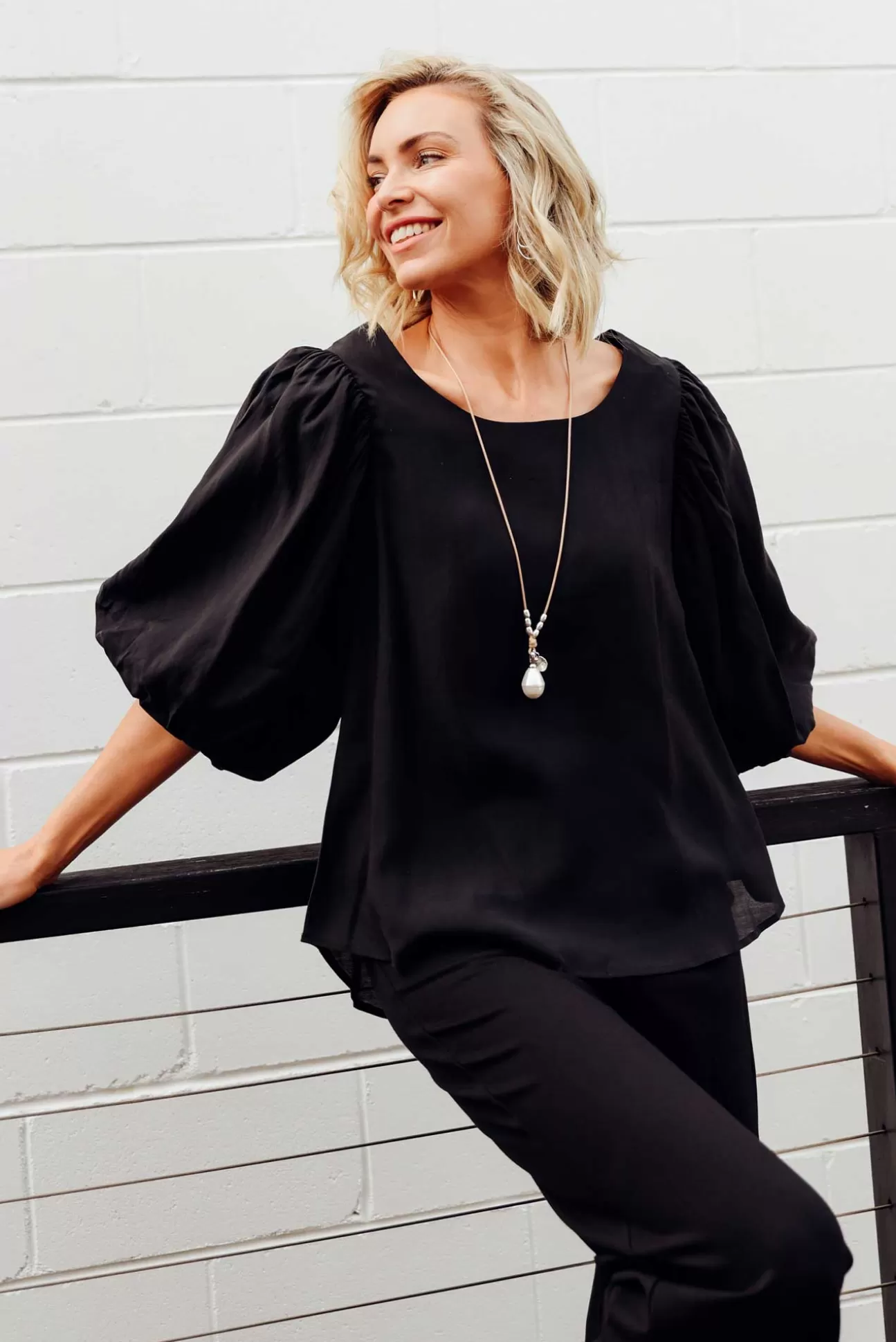 Cali and Co Gallagher Black Cotton Puff Sleeve Top Flash Sale