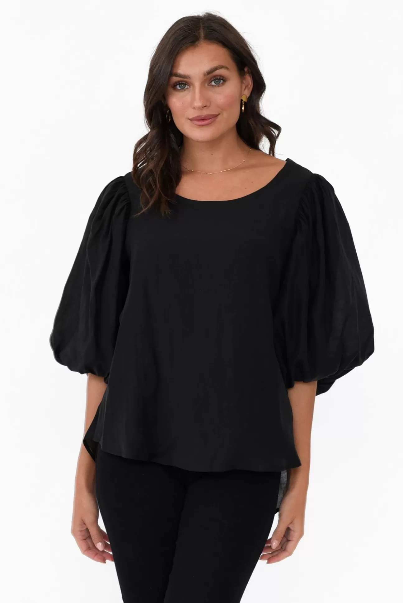 Cali and Co Gallagher Black Cotton Puff Sleeve Top Flash Sale