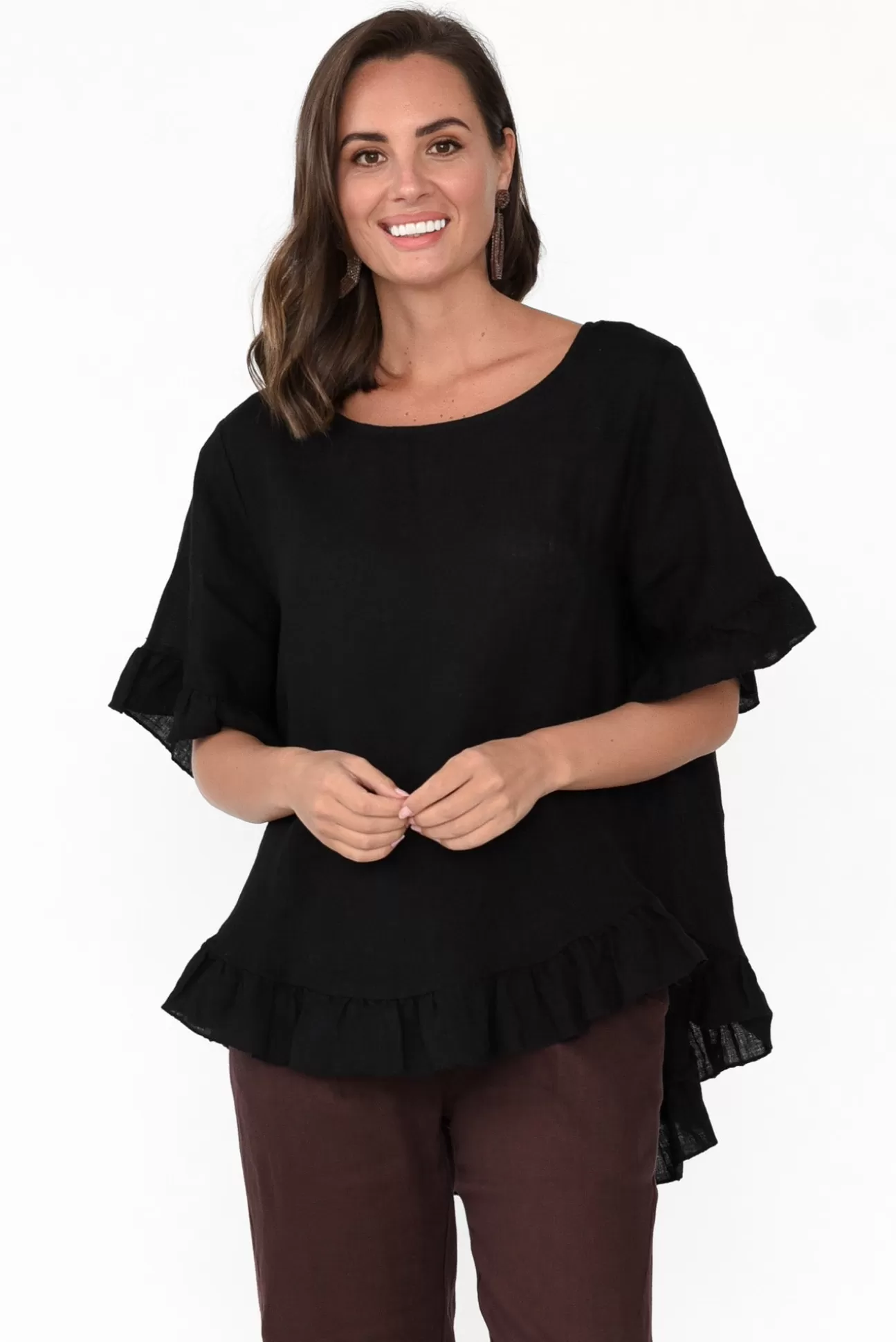 Cali and Co Genevieve Black Linen Frill Top Online