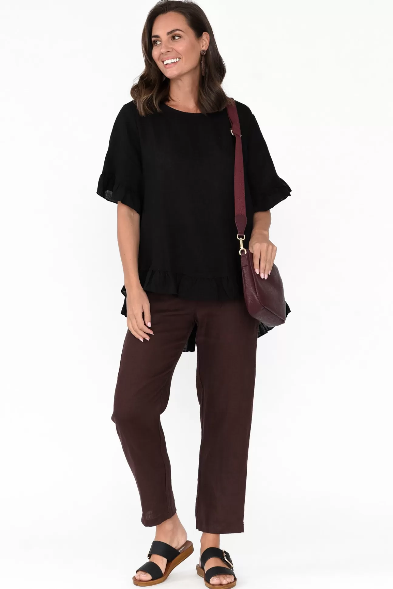 Cali and Co Genevieve Black Linen Frill Top Online