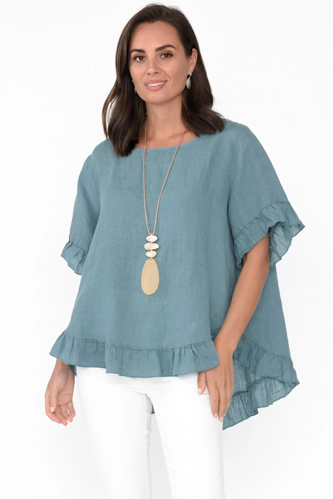 Cali and Co Genevieve Blue Linen Frill Top Fashion