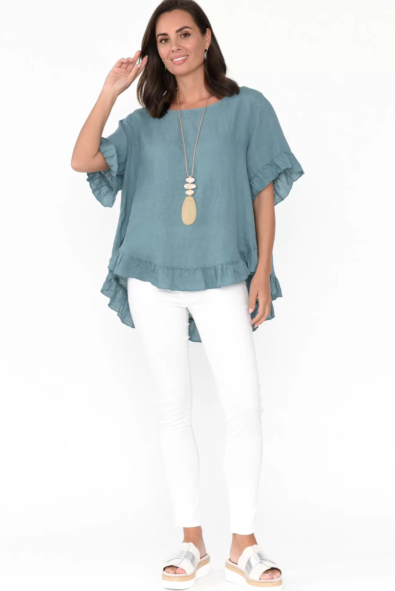 Cali and Co Genevieve Blue Linen Frill Top Fashion