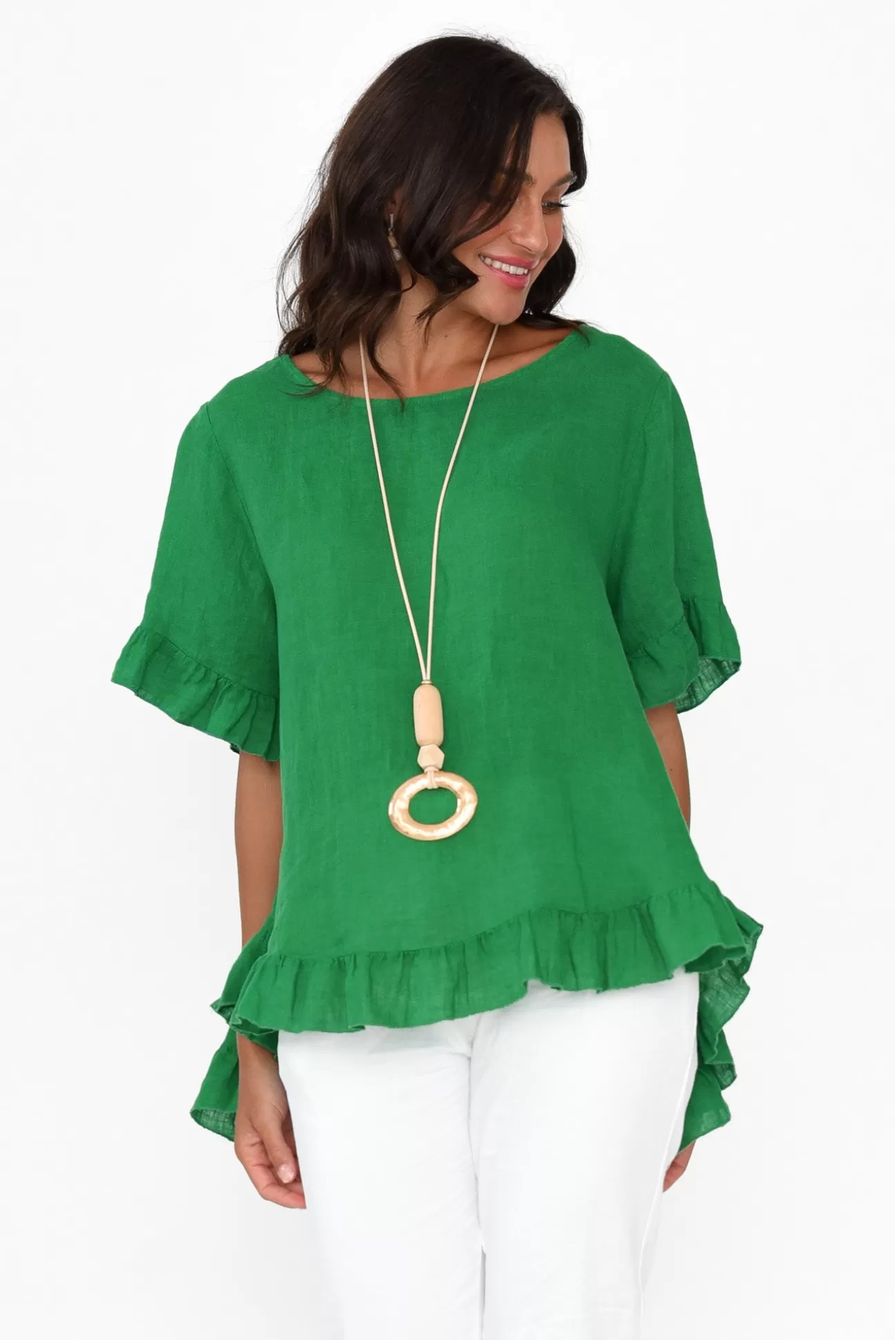 Cali and Co Genevieve Green Linen Frill Top Best