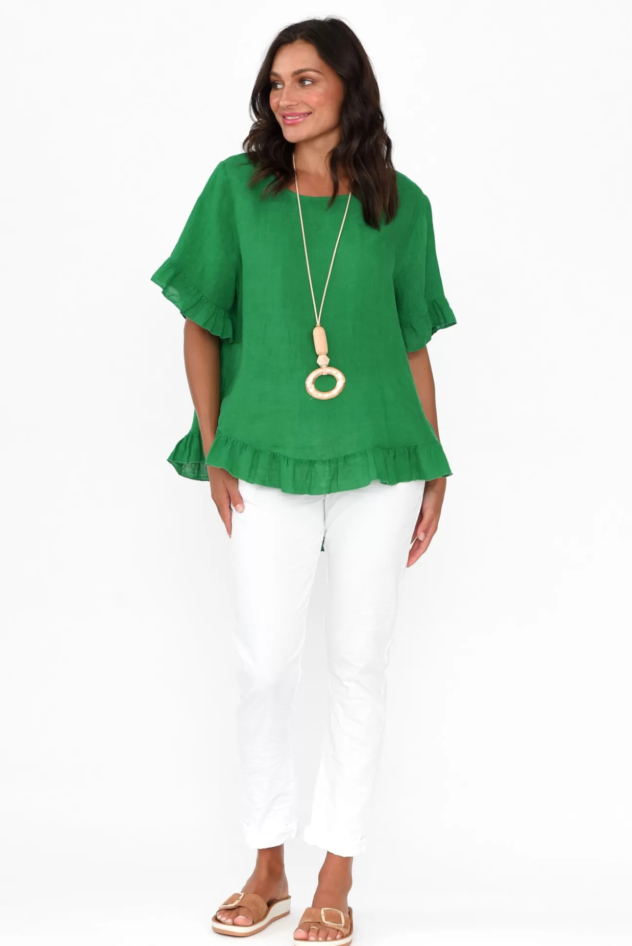 Cali and Co Genevieve Green Linen Frill Top Best