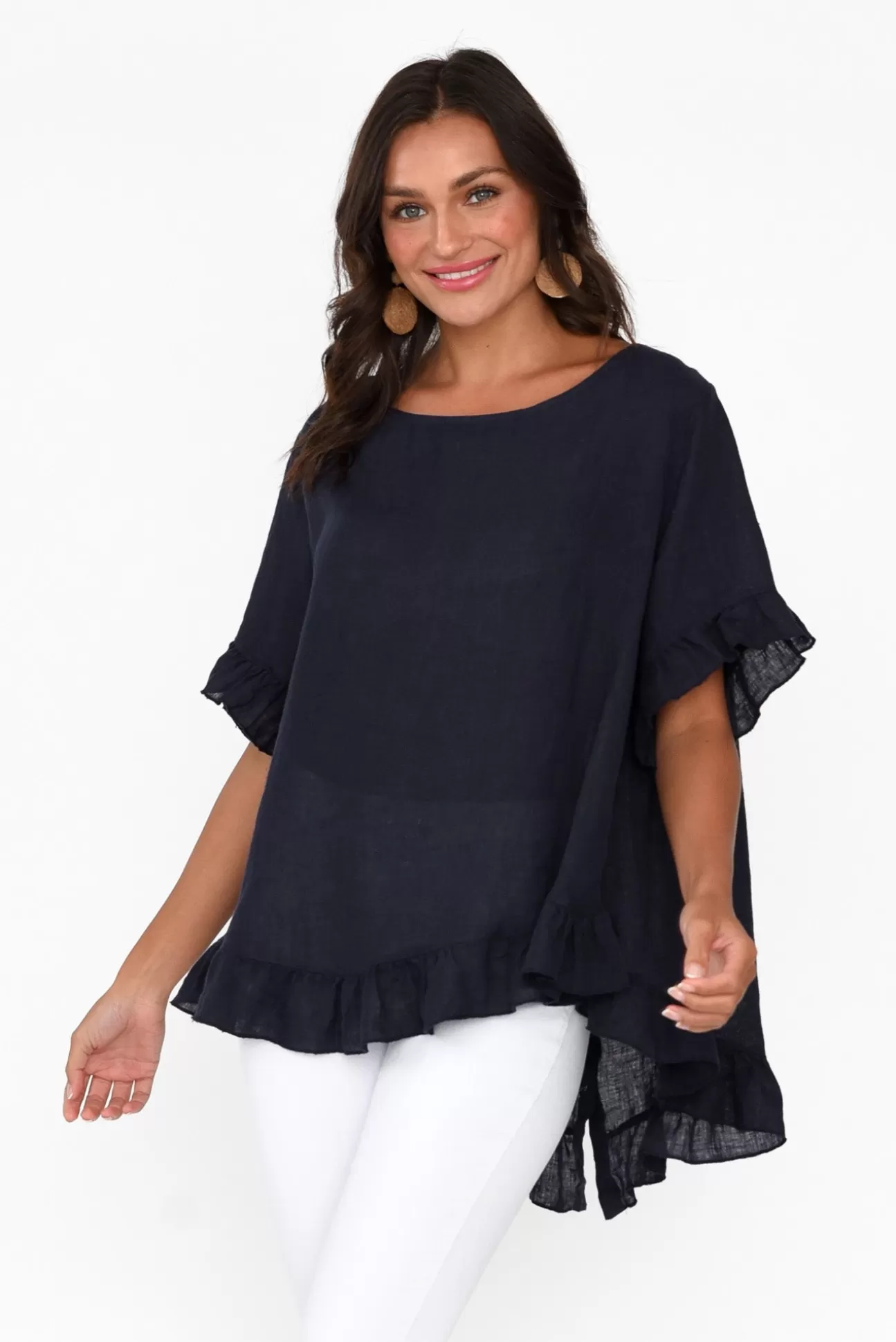 Cali and Co Genevieve Navy Linen Frill Top Best