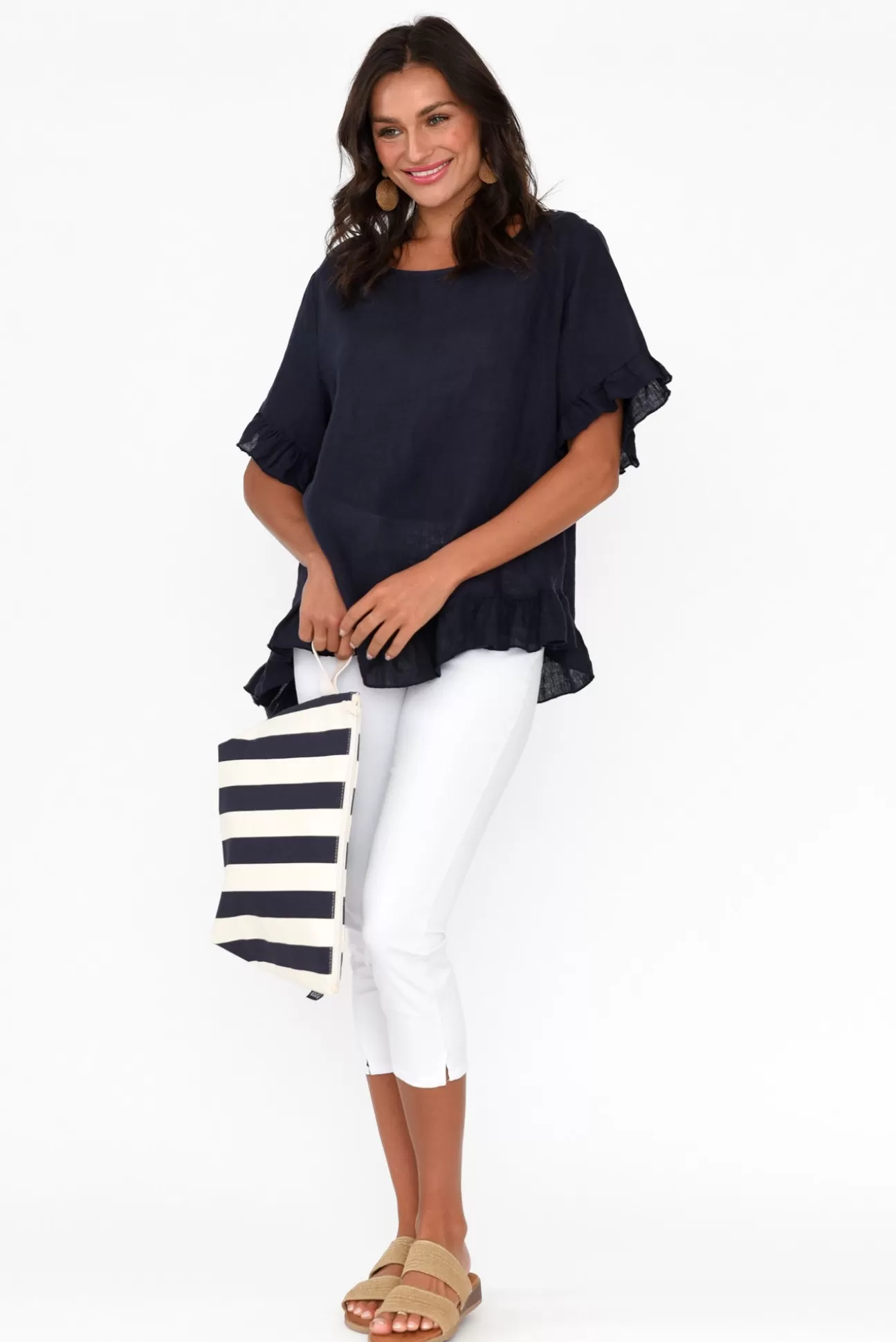 Cali and Co Genevieve Navy Linen Frill Top Best